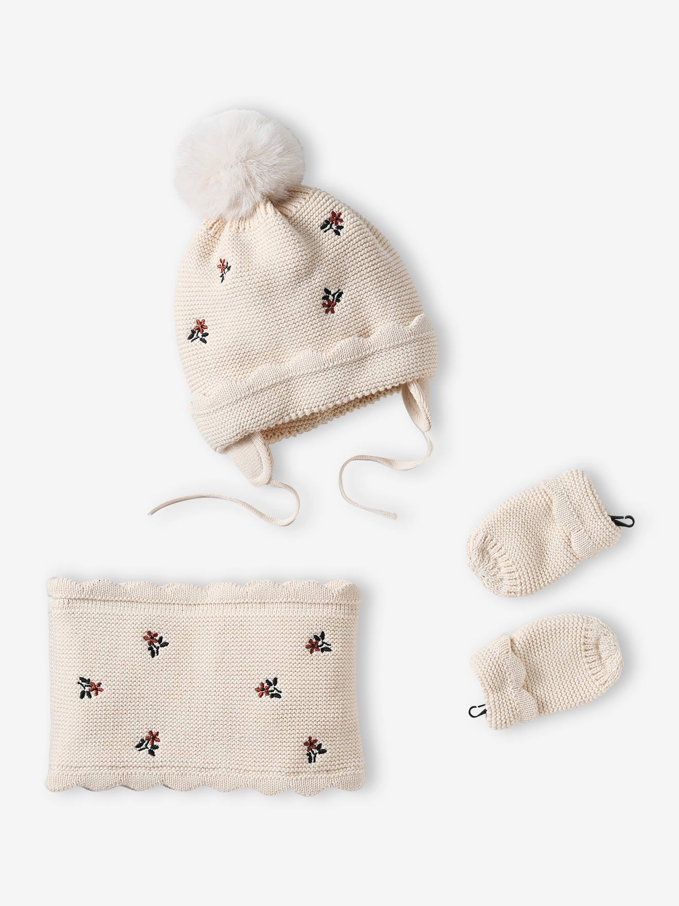 Set van babymeisjes muts + snood + wanten beige (poederkleur)