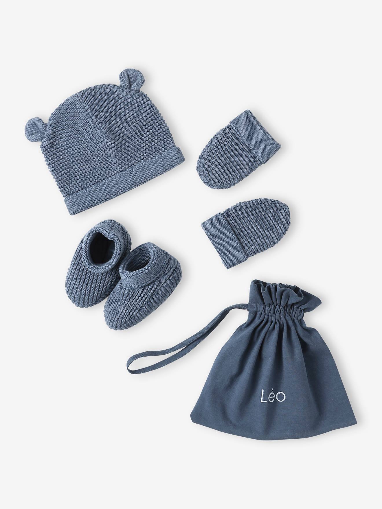 Set babymutsjes, wanten en laarsjes en bijpassend zakje Oeko-Tex® jeansblauw