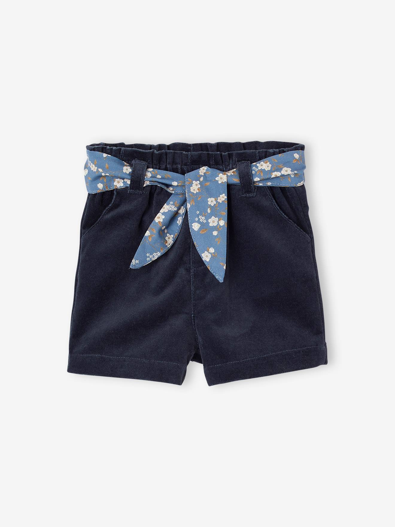 Soepel fluwelen short met riem met bloemen voor baby's marineblauw