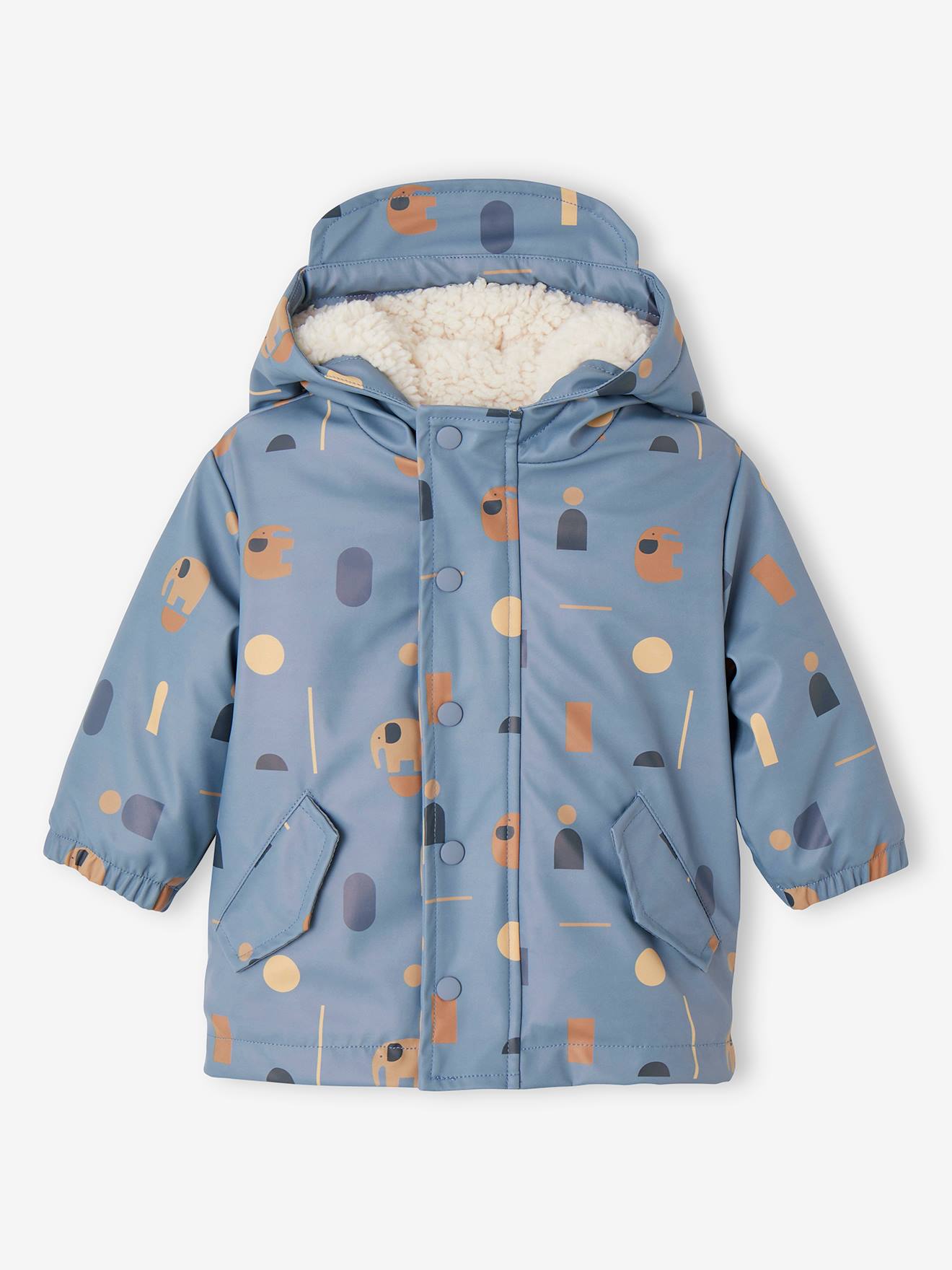 Bedrukte sherpa gevoerde baby regenjas met capuchon blauw, bedrukt