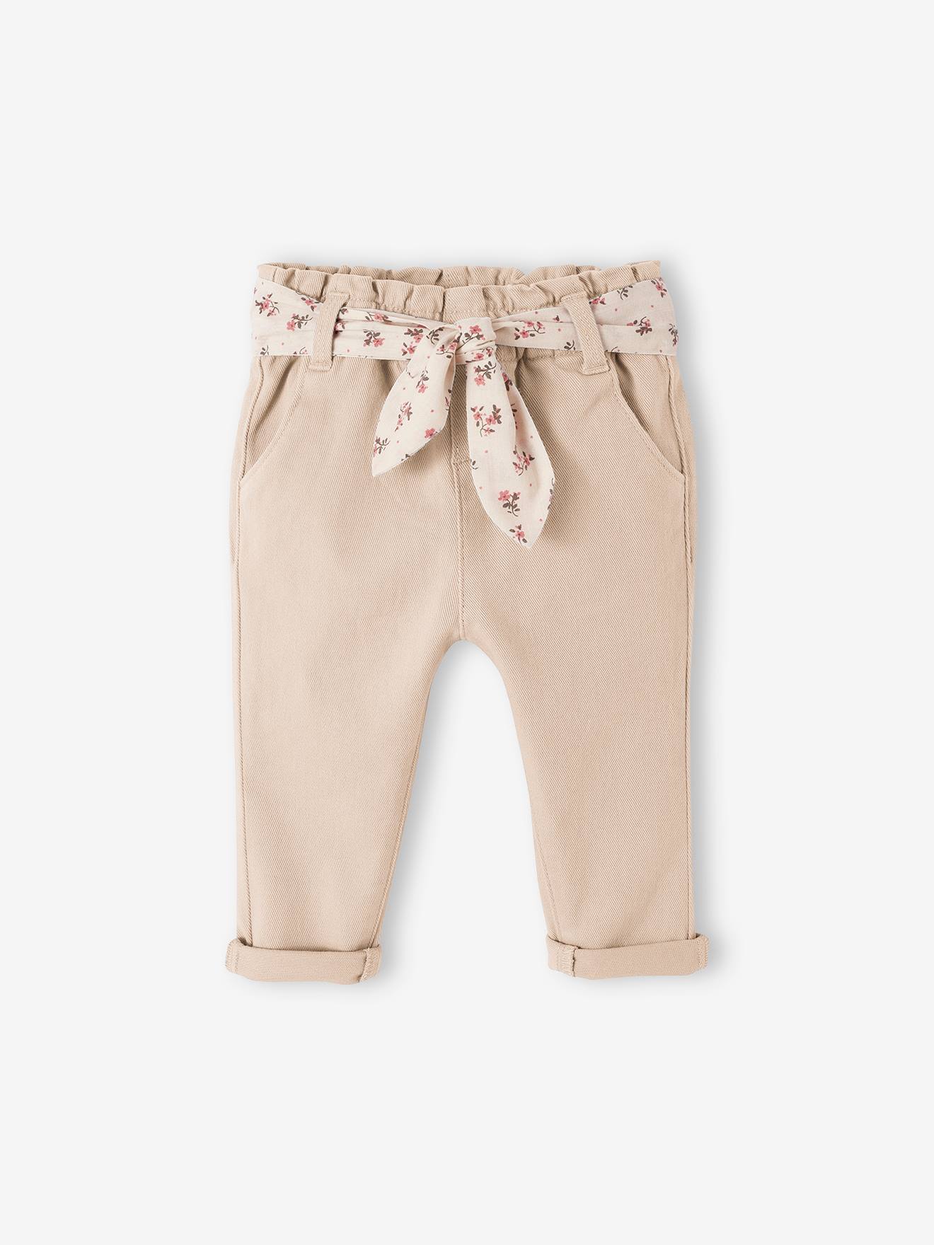 Babybroek met stoffen riem beige