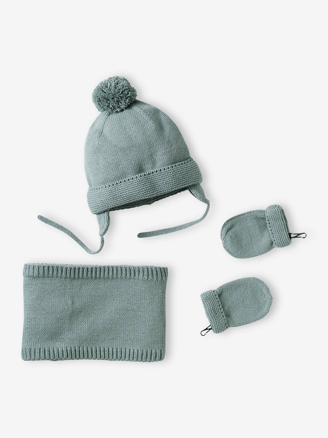 Set voor babyjongen met mutsje + snood + wanten BASICS blauwgroen