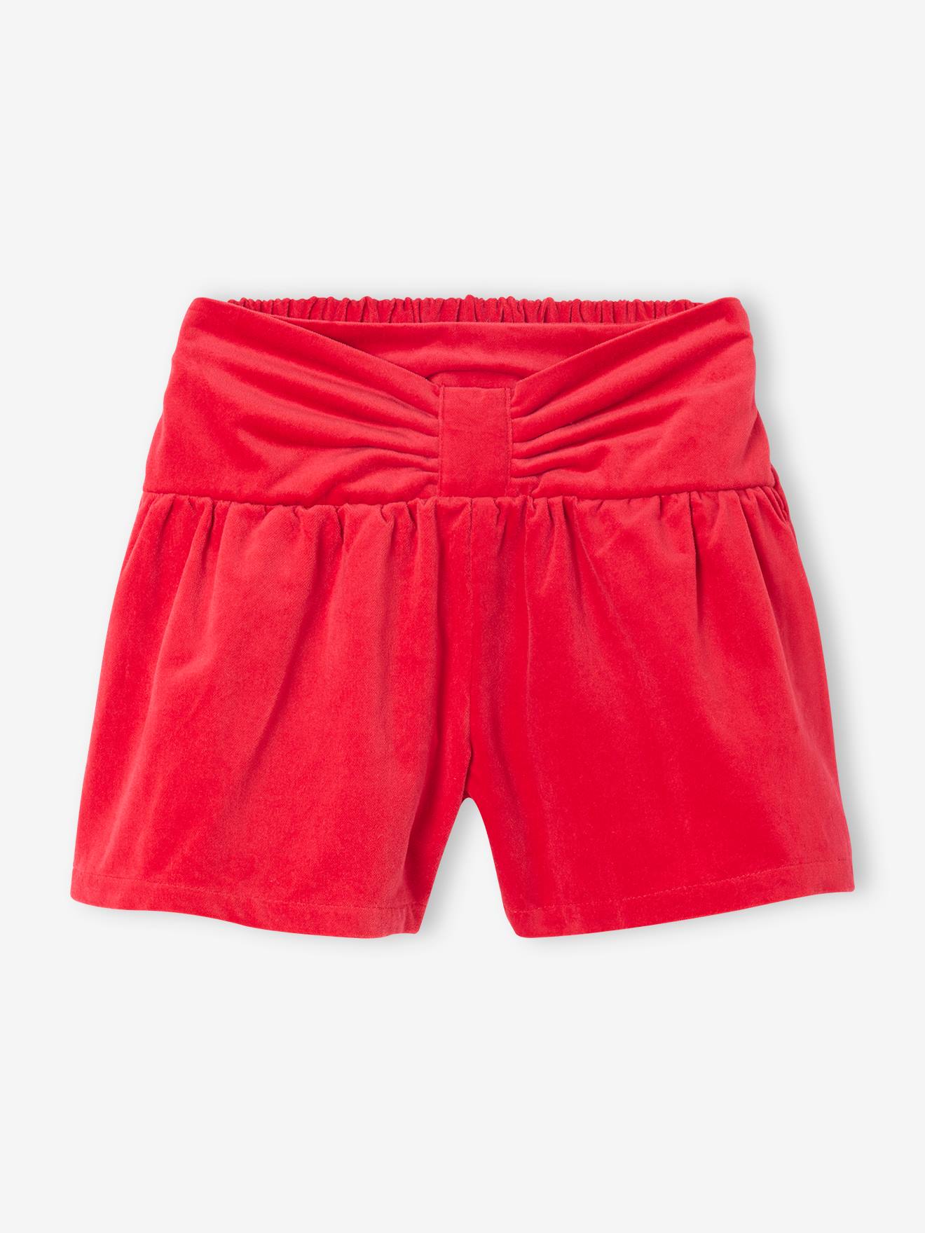 Meisjesshort van glad fluweel met geknoopt effect vooraan rood