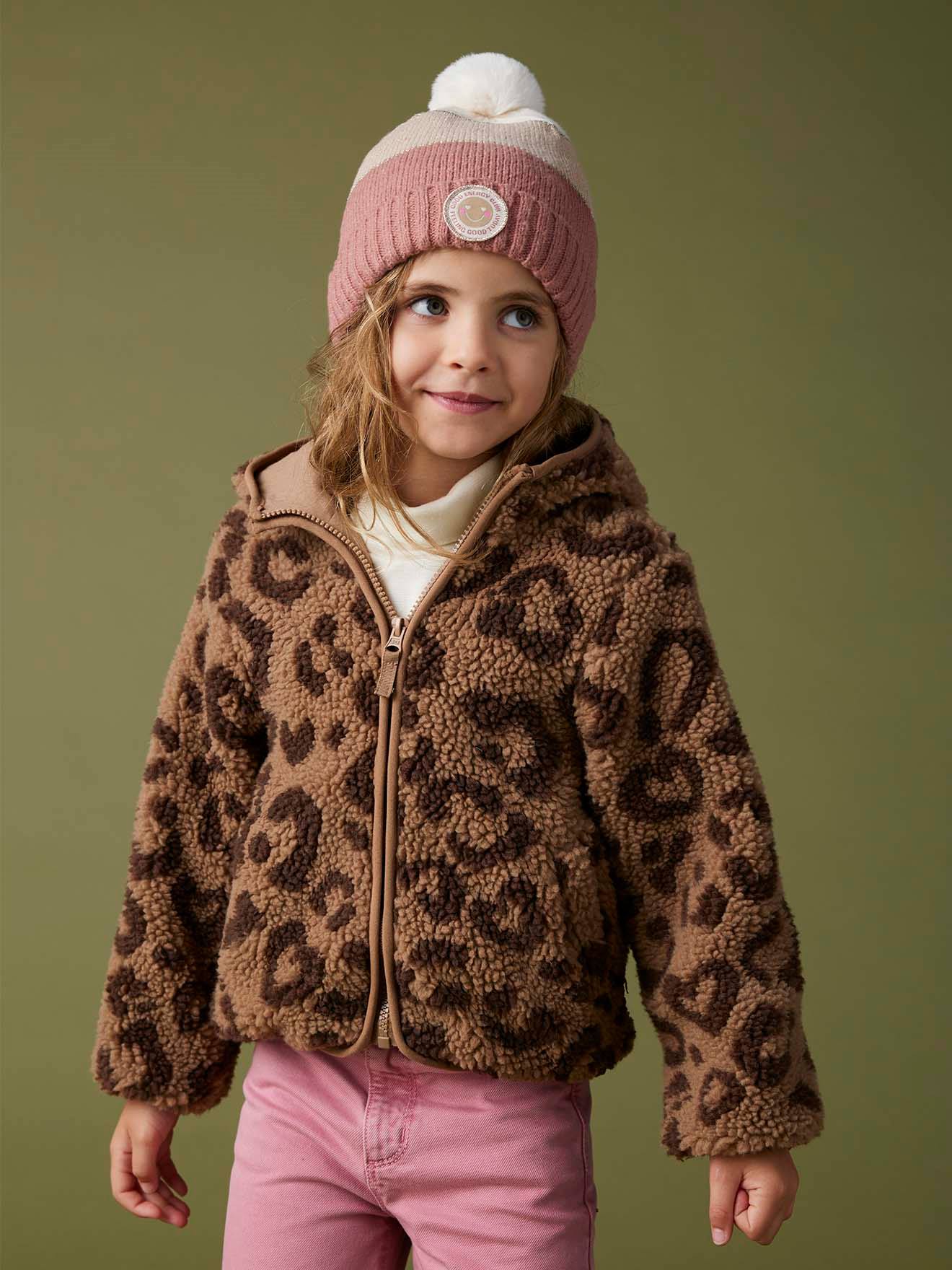 Vest met luipaardprint en capuchon van sherpa meisje bruin, bedrukt