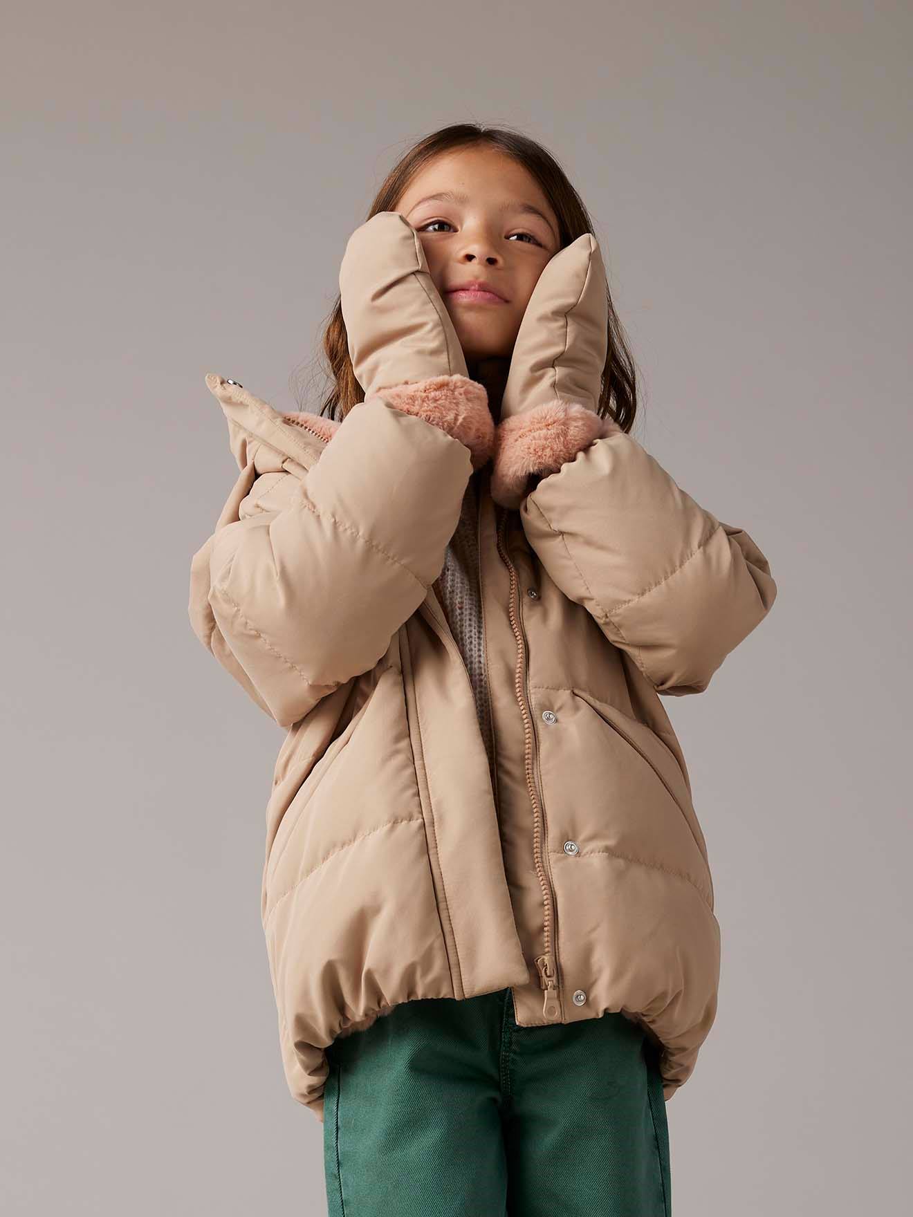 Halflange gewatteerde donsjas voor meisjes met afneembare wanten cappuccino