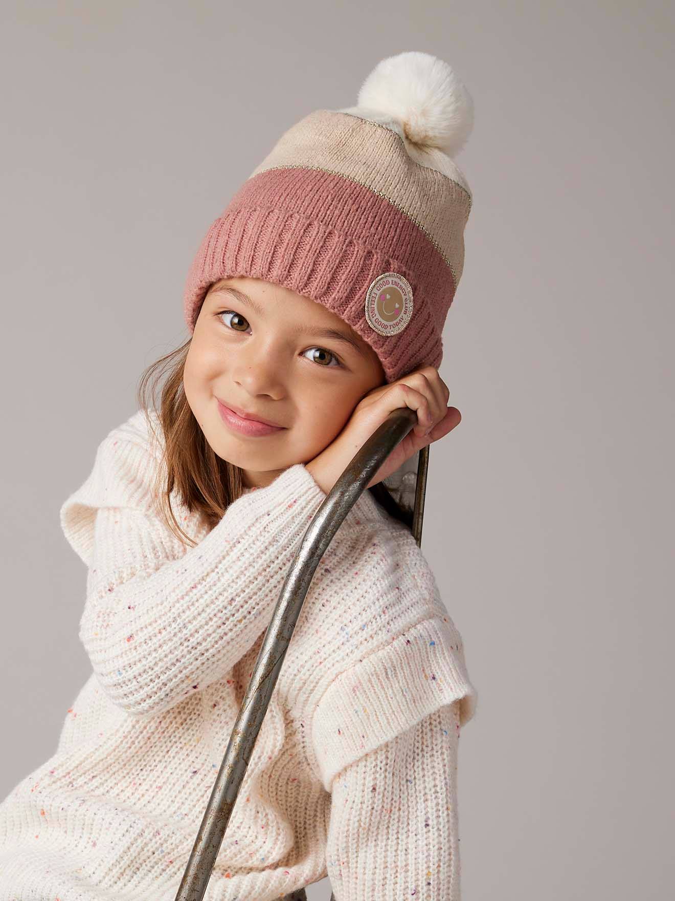 Meisjesmuts + snood + wanten/handschoenen in colorblock voor meisjes roze, gestreept afbeelding