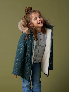 Meisje-Meisjesparka met glitters en pailletten met imitatiebonten voering