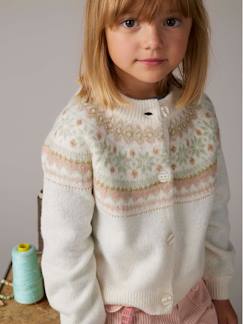 Meisje-Trui, vest, sweater-Jacquard meisjesvest met fantasiebreiwerk van glimmende draad