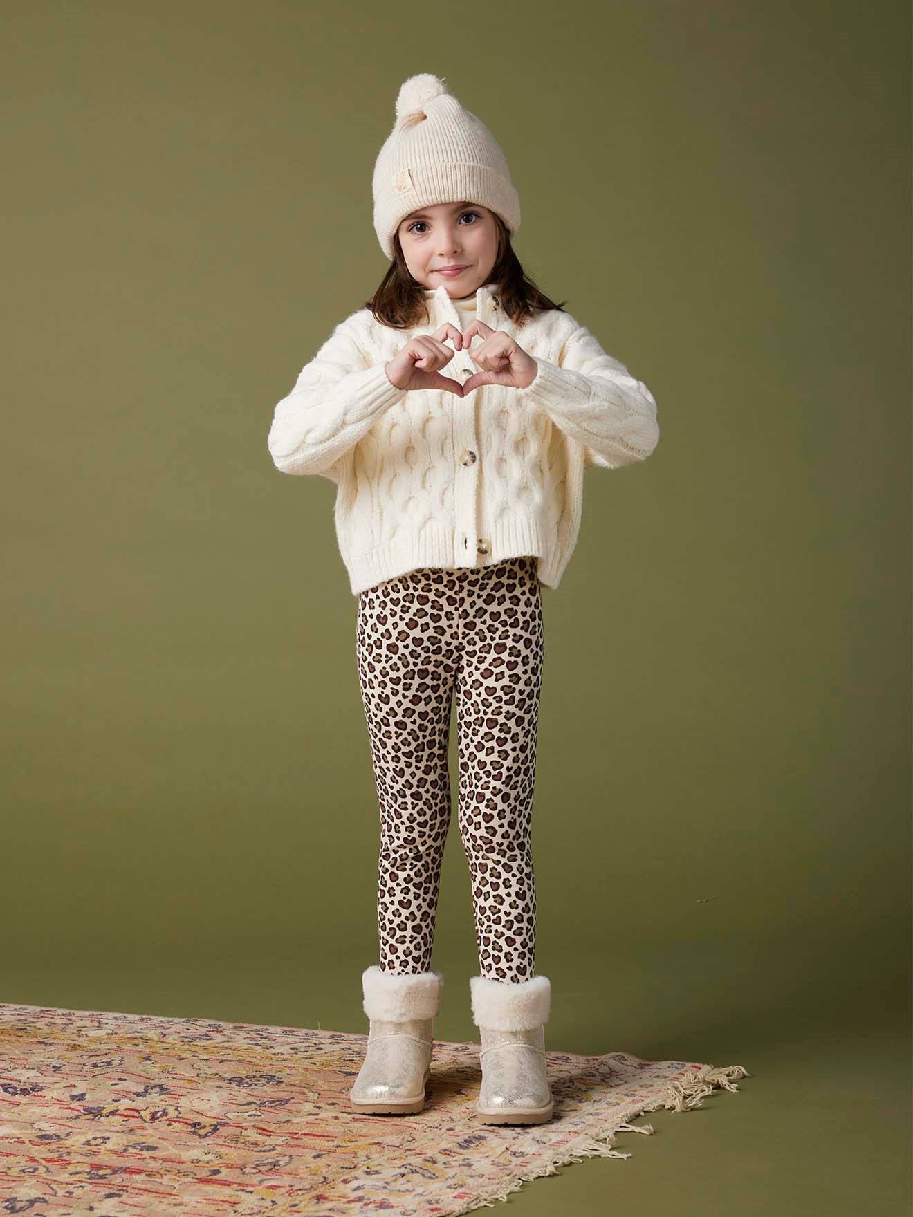 Meisjeslegging met fleecevoering bruin met print afbeelding