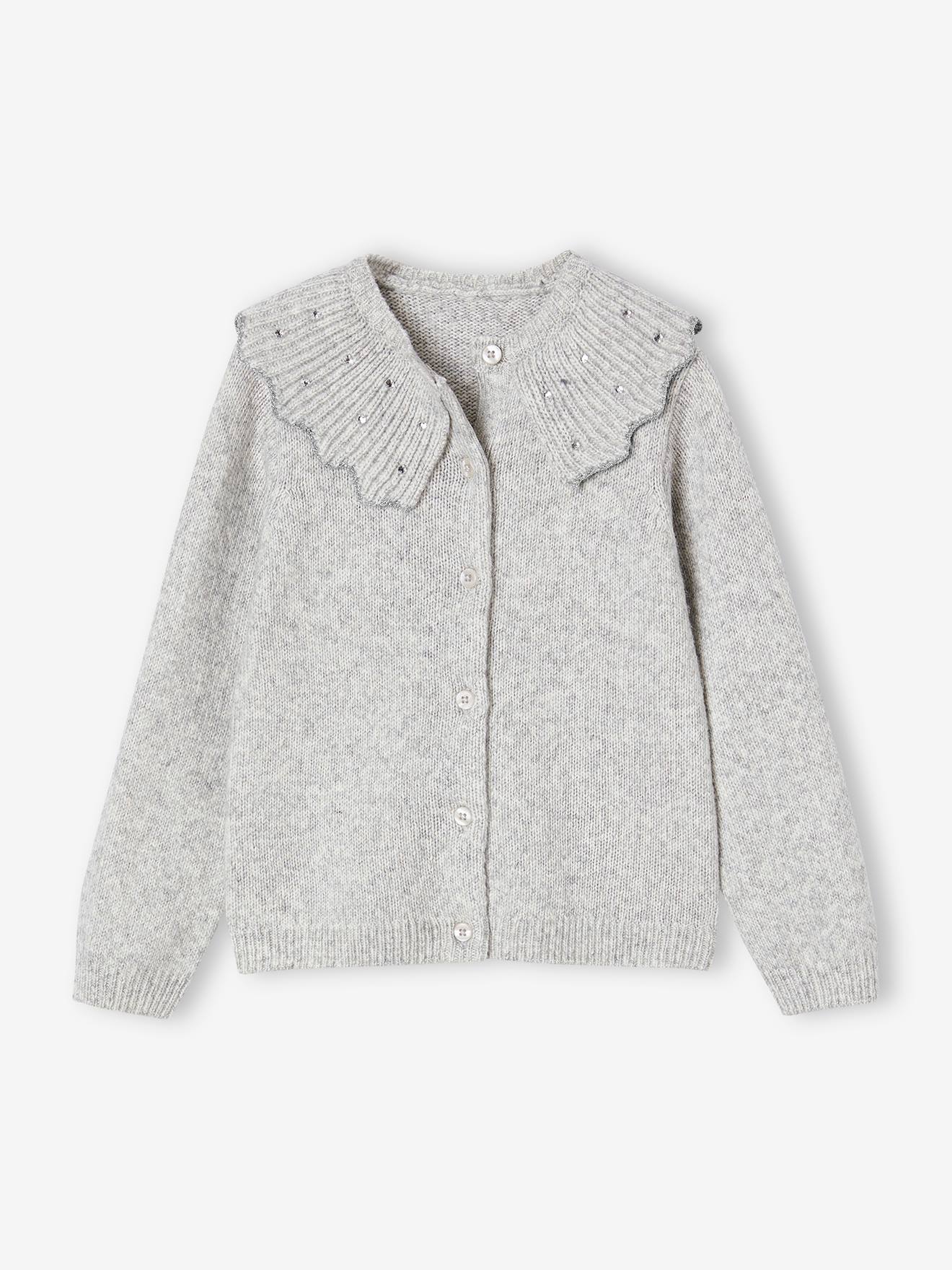 Festlicher Mädchen Cardigan mit Strass-Kragen gemêleerd grijs