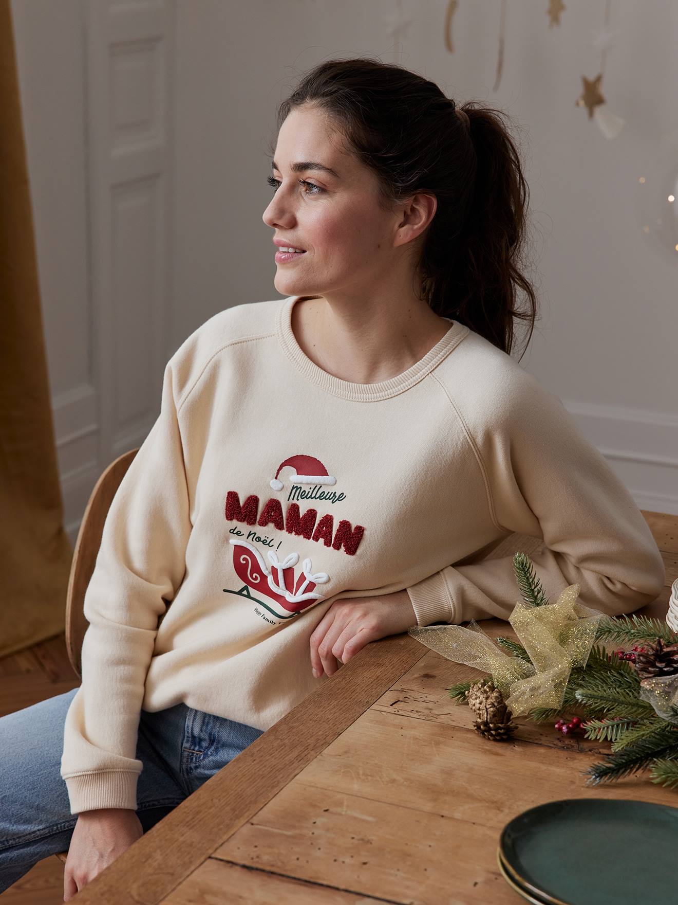 Damessweater "Meilleure maman de Noël" familie-capsulecollectie vanille