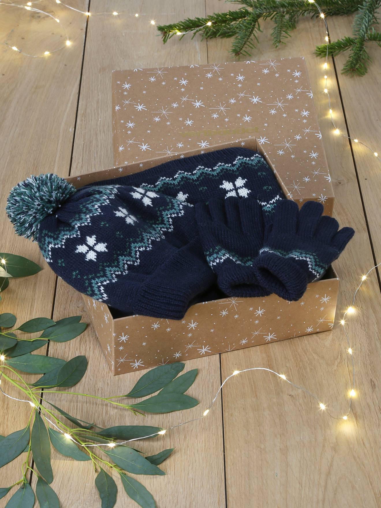 Kerstdoos Vlokje voor jongens muts + snood + handschoenen/wanten marineblauw