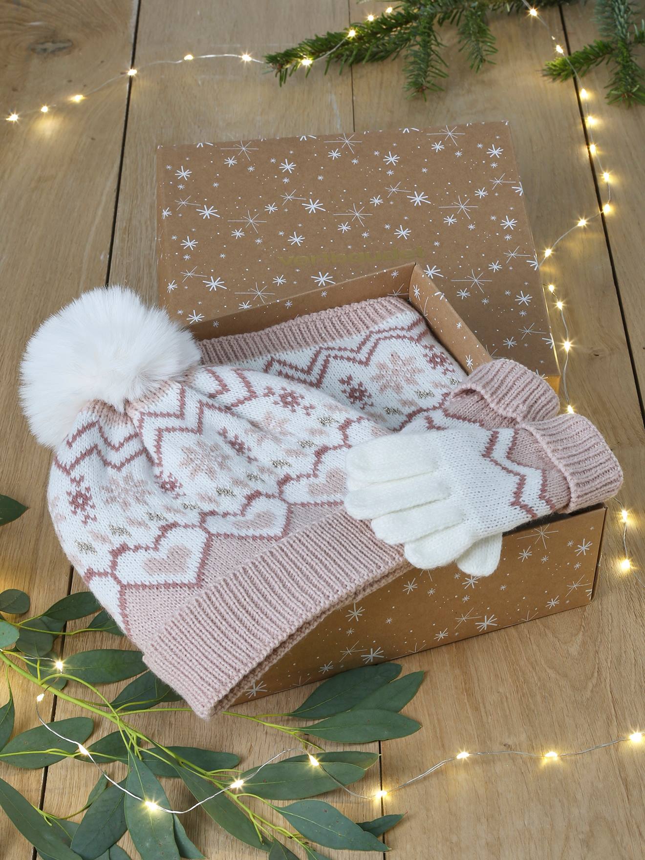 Vertbaudet Kerstdoos jacquard voor meisjes set met muts + snood + handschoenen