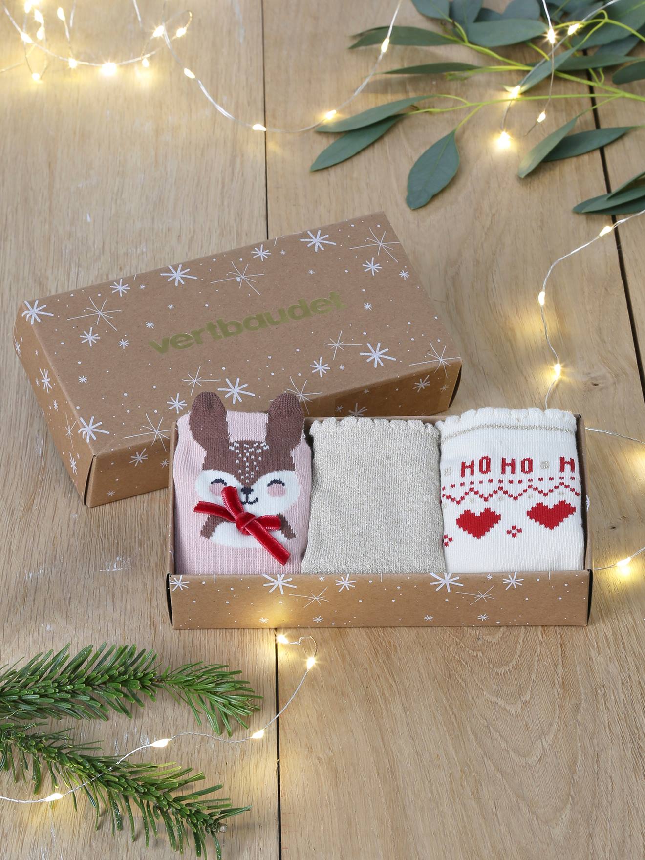 Doos met 3 paar kerstsokken roze (poederkleur)