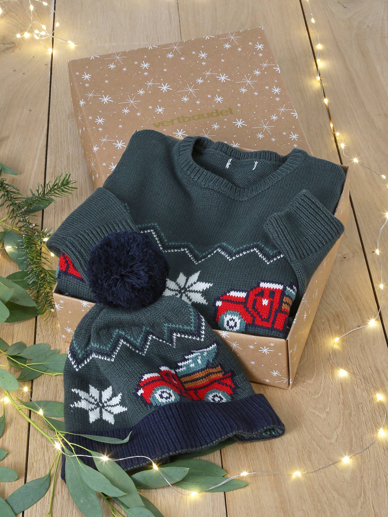 Kerstset met jacquard trui + bijpassende muts met pompom voor jongens dennen