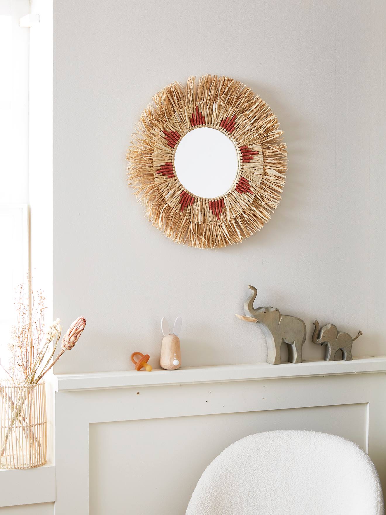 Ronde raffia spiegel beige/roze