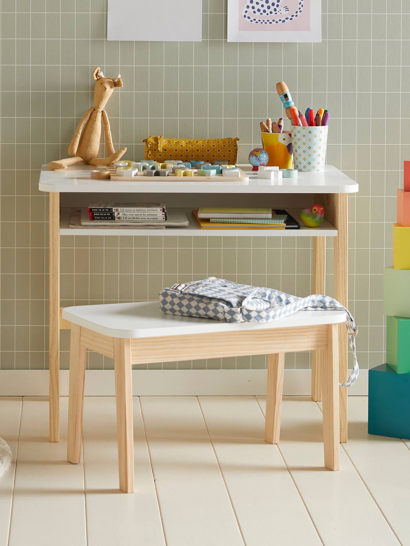 Bureau + kruk voor kinderen ΓCOLIER wit