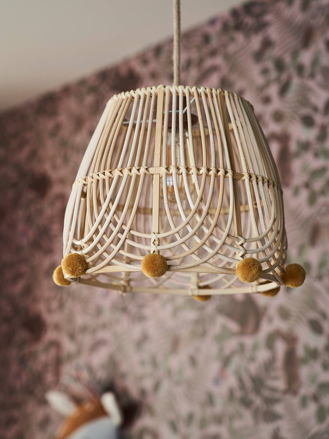 Lampenkap pompons voor rotan lamp bruin