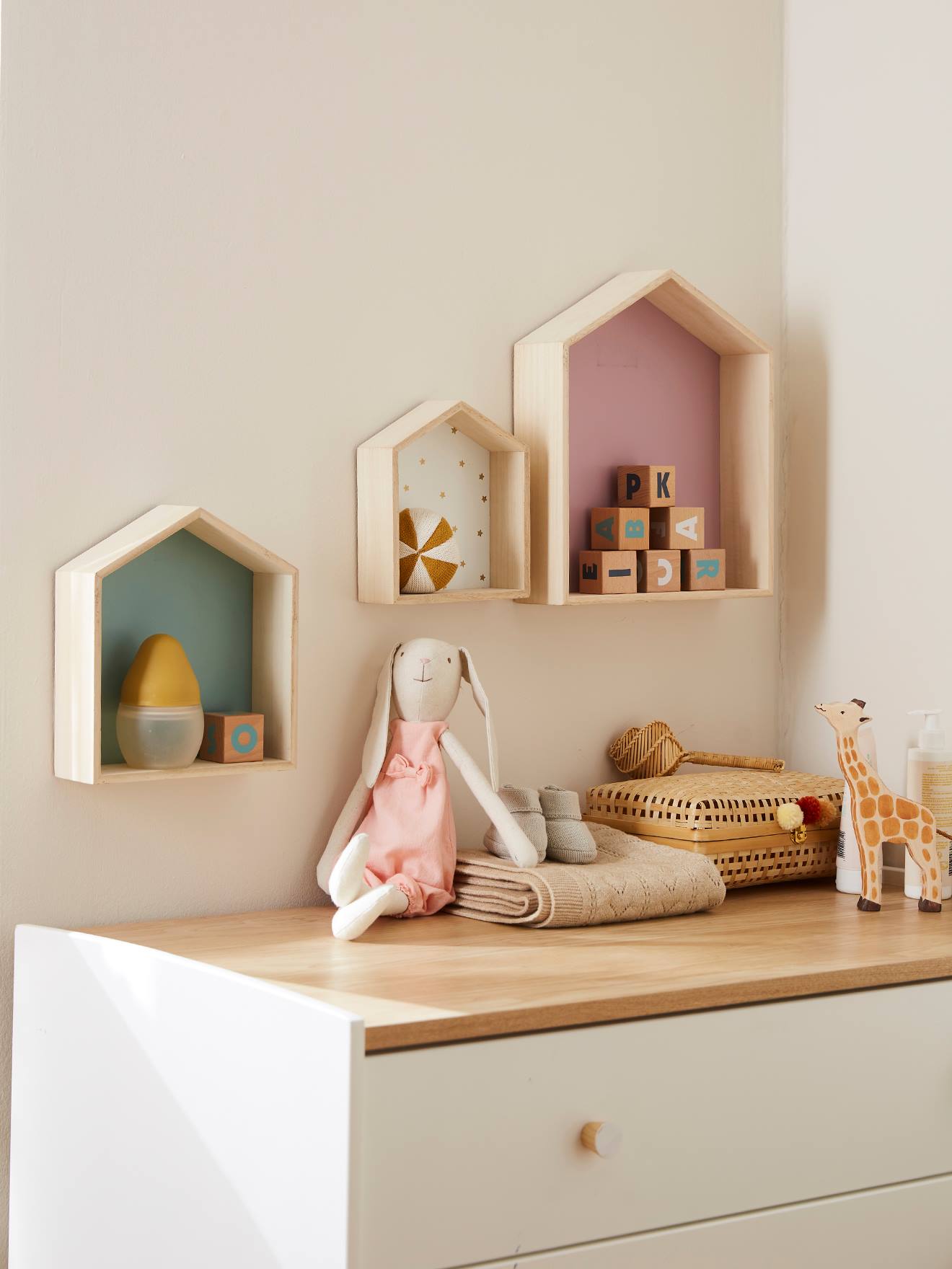 Set van 3 houten huisplanken effen roze