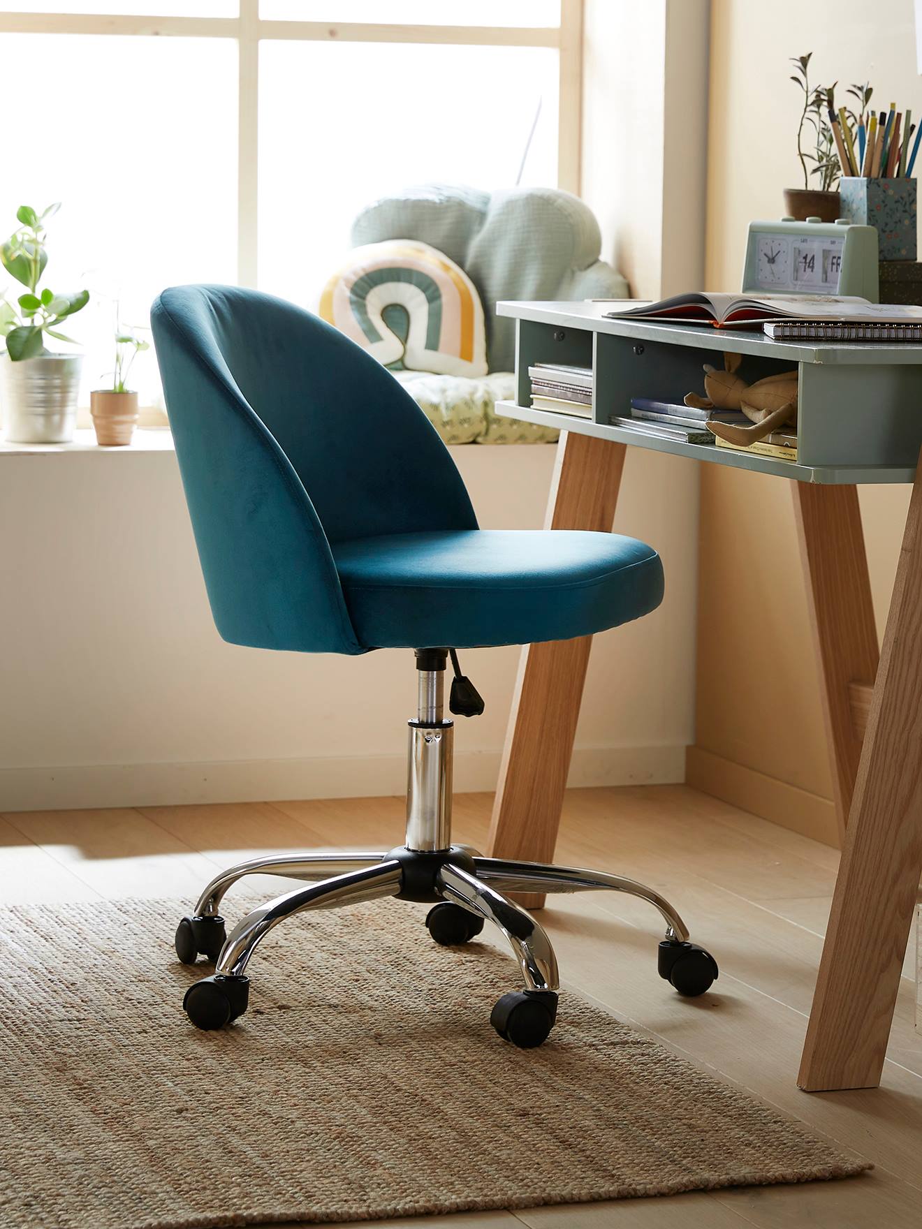 Fluwelen kinderbureaustoel op wieltjes blauw/groen