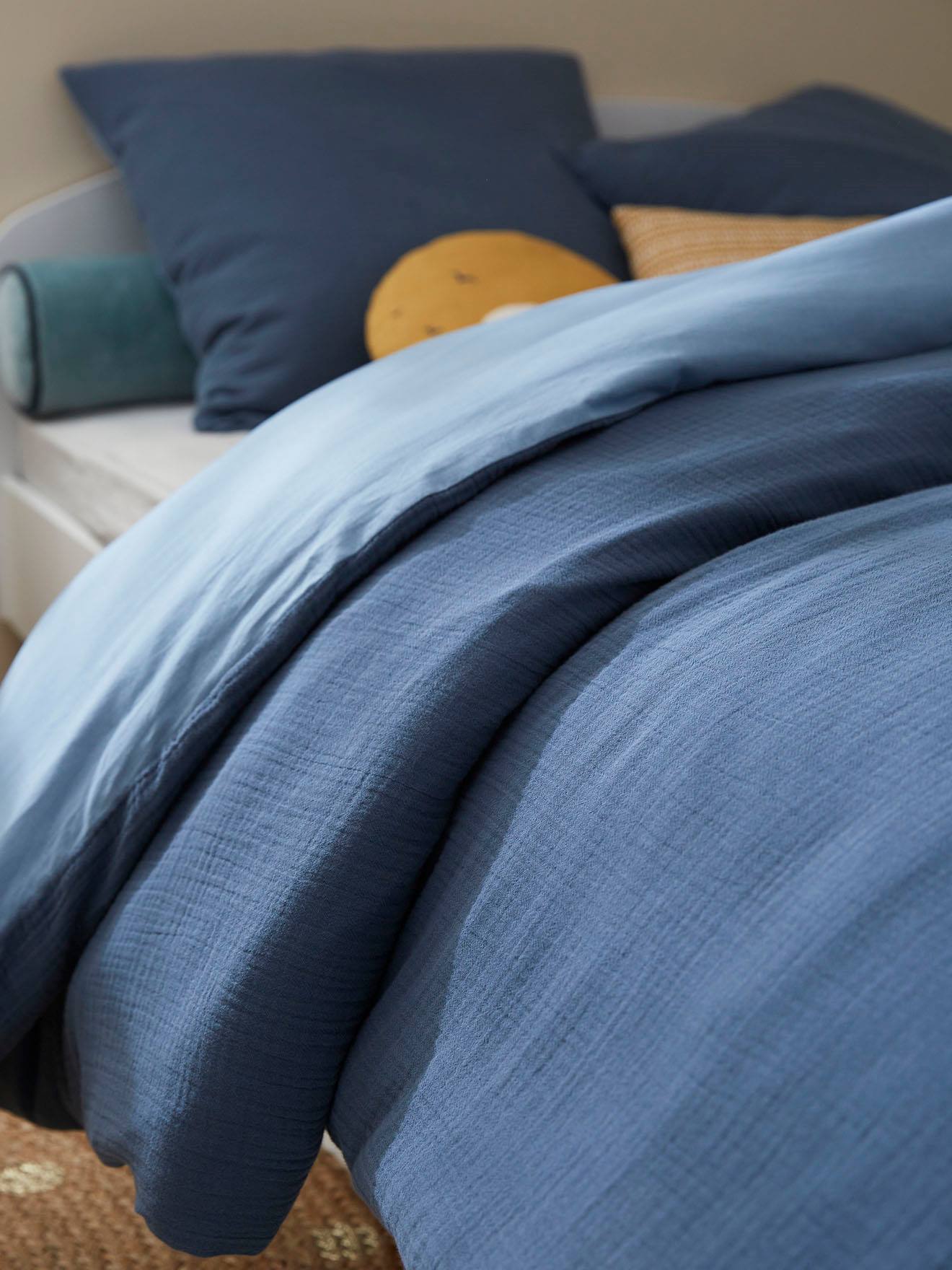 100% tweekleurige dekbedhoes + kussensloop van katoengaas kinderen blauw afbeelding