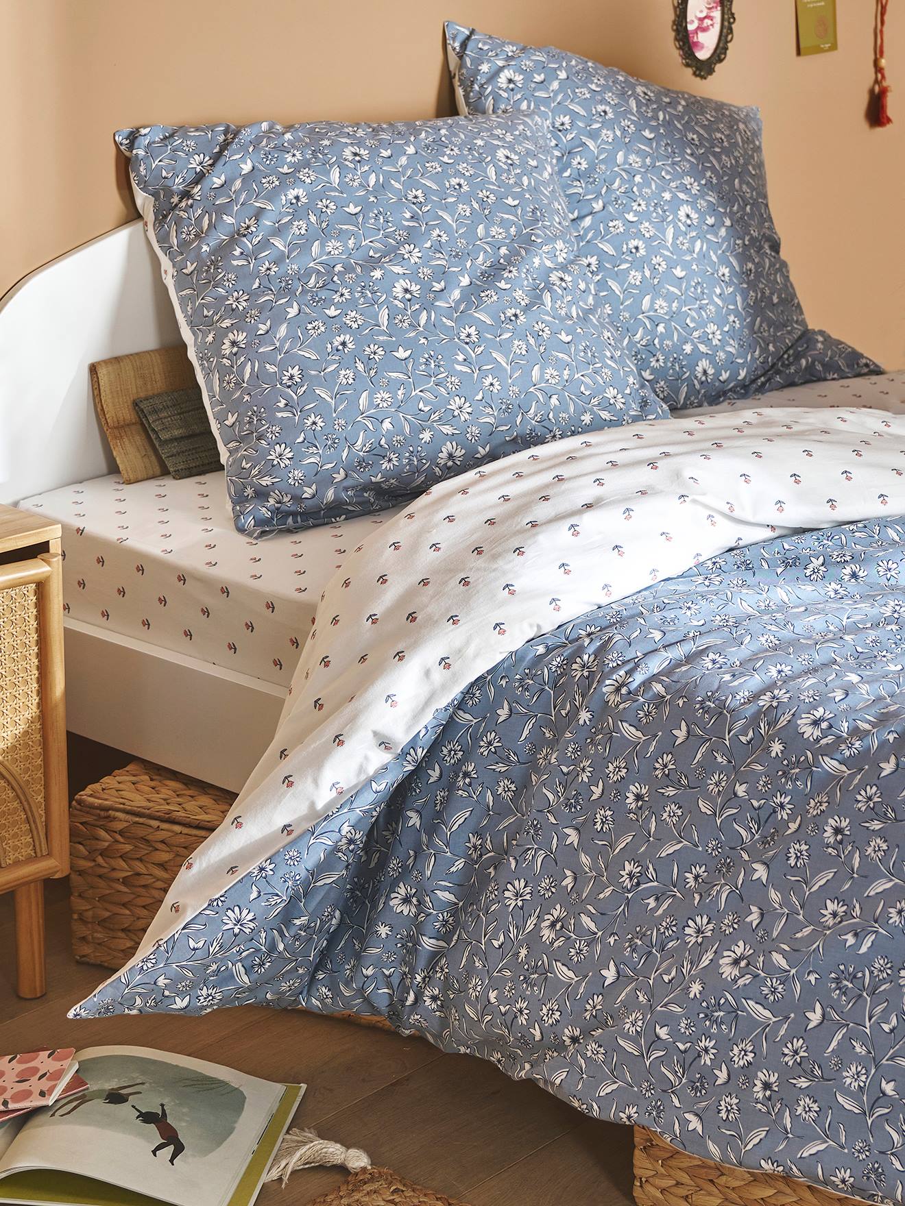 Set dekbedovertrek + kussensloop voor kinderen INDIA BLUE, omkeerbaar van gerecycled katoen blauw, bedrukt afbeelding