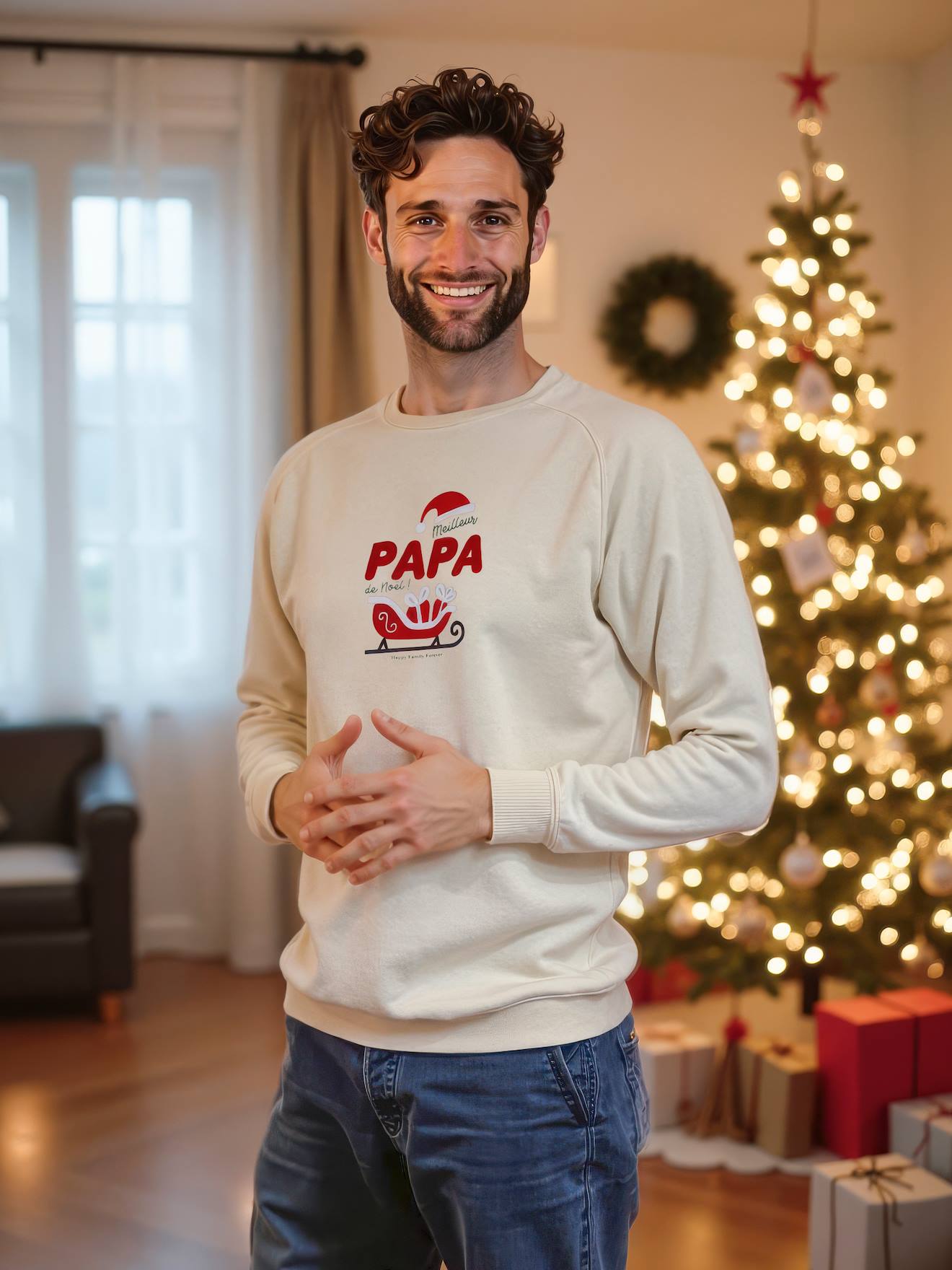 Herensweater "Meilleur Papa de Noël" familie-capsulecollectie vanille