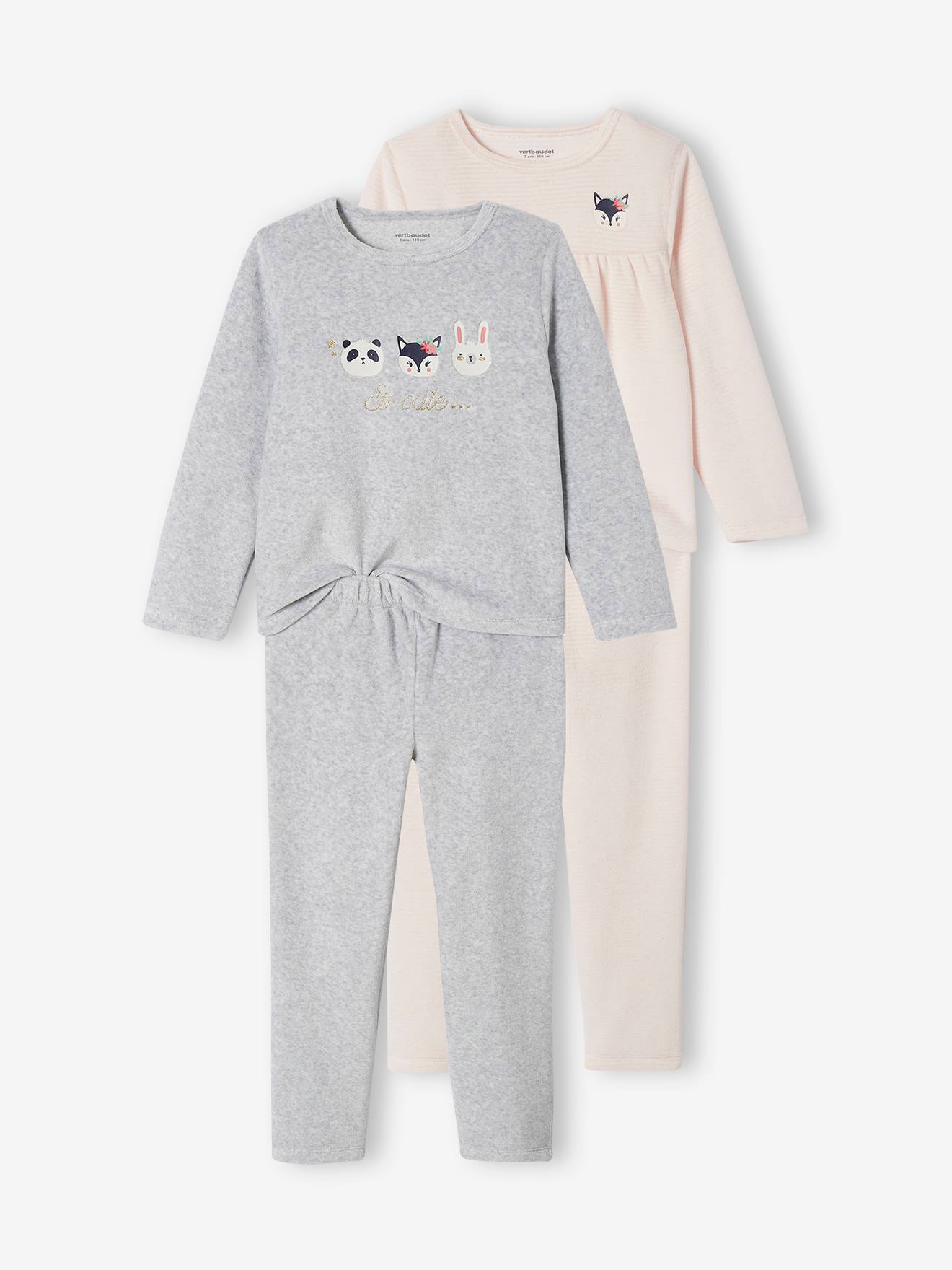 Set van 2 fluwelen pyjama's met dieren voor meisjes gemΓͺleerd grijs
