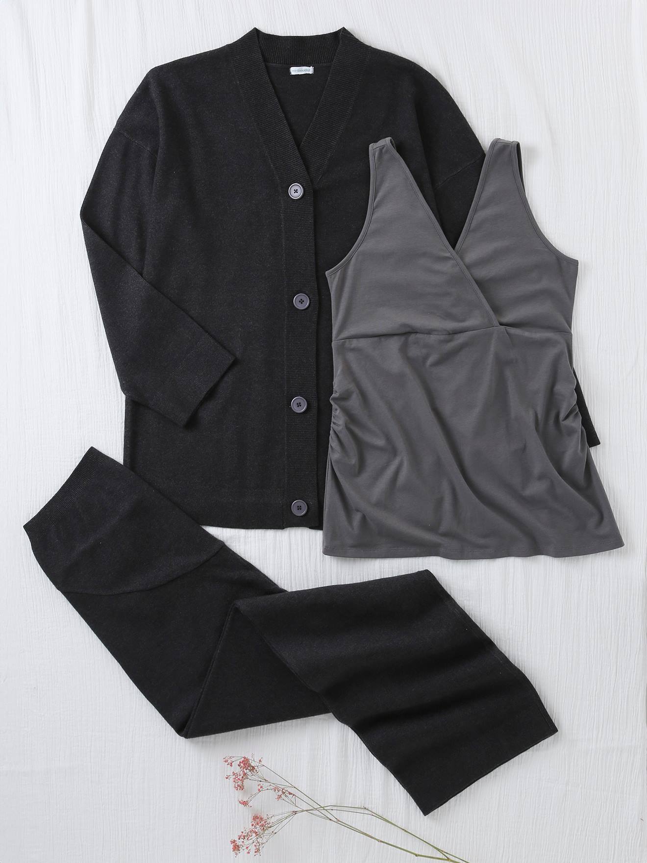 3-delige zwangerschaps- en borstvoedingsset: tanktop + vest + broek met wijde pijpen antraciet afbeelding 1