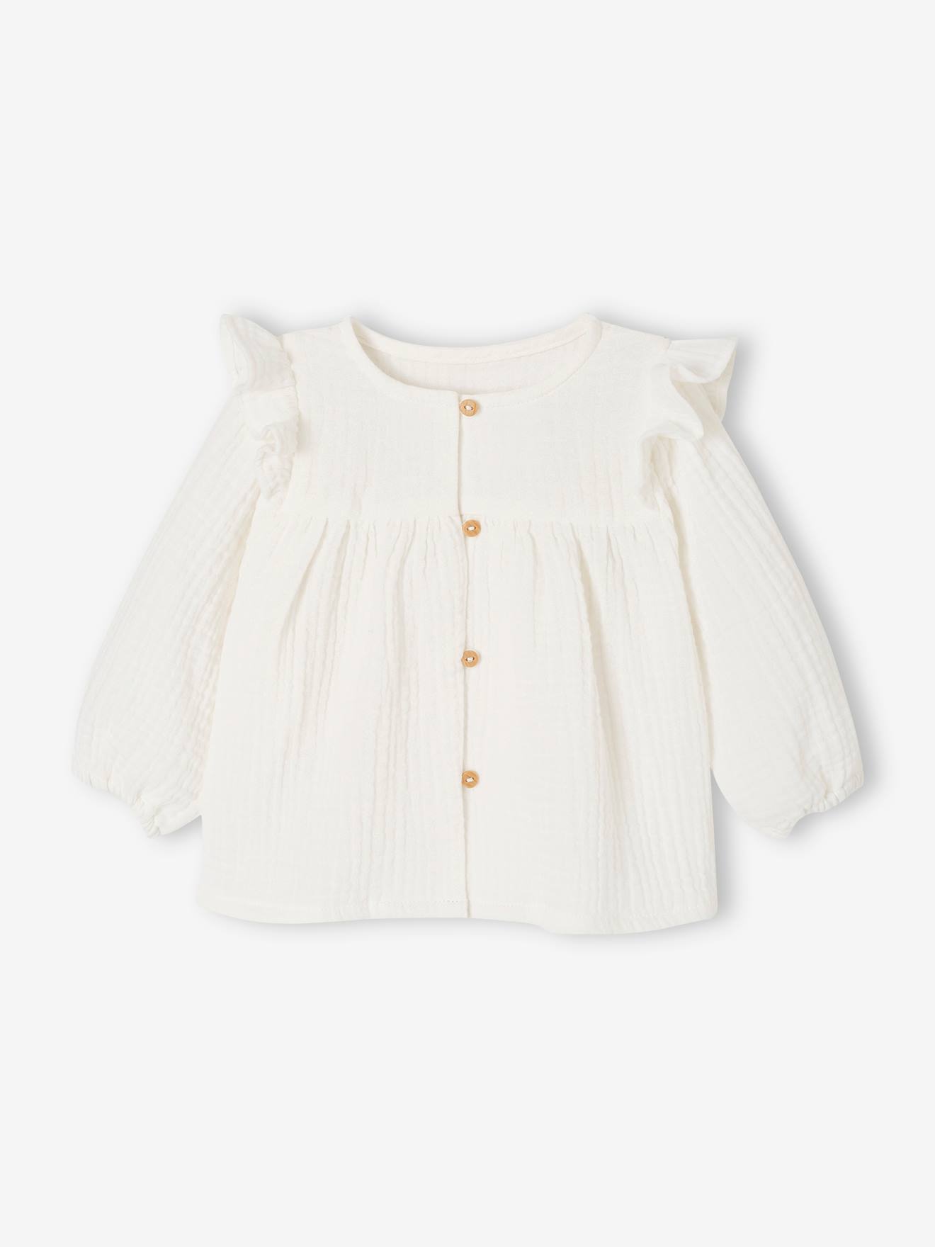Babyblouse van katoengaas met ruches ecru