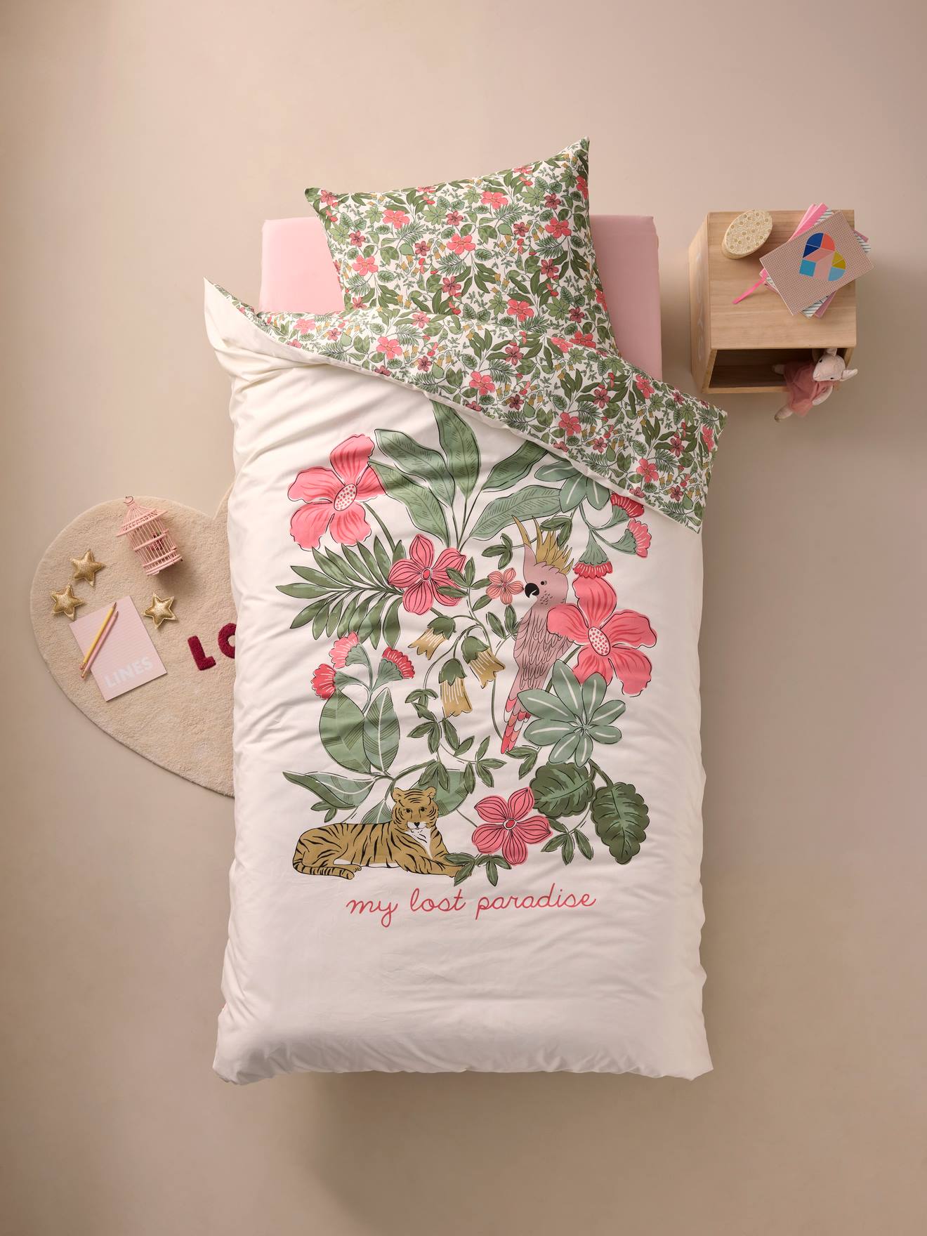Dekbedovertrekset + kussensloop kind TROPICAL, met gerecycled katoen meerkleurig