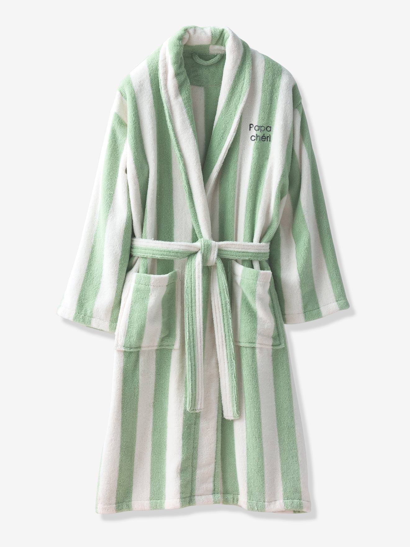 Gestreepte badjas voor volwassenen TRANSAT familie-capsulecollectie, personaliseerbaar, met gerecycled katoen groen, gestreept afbeelding