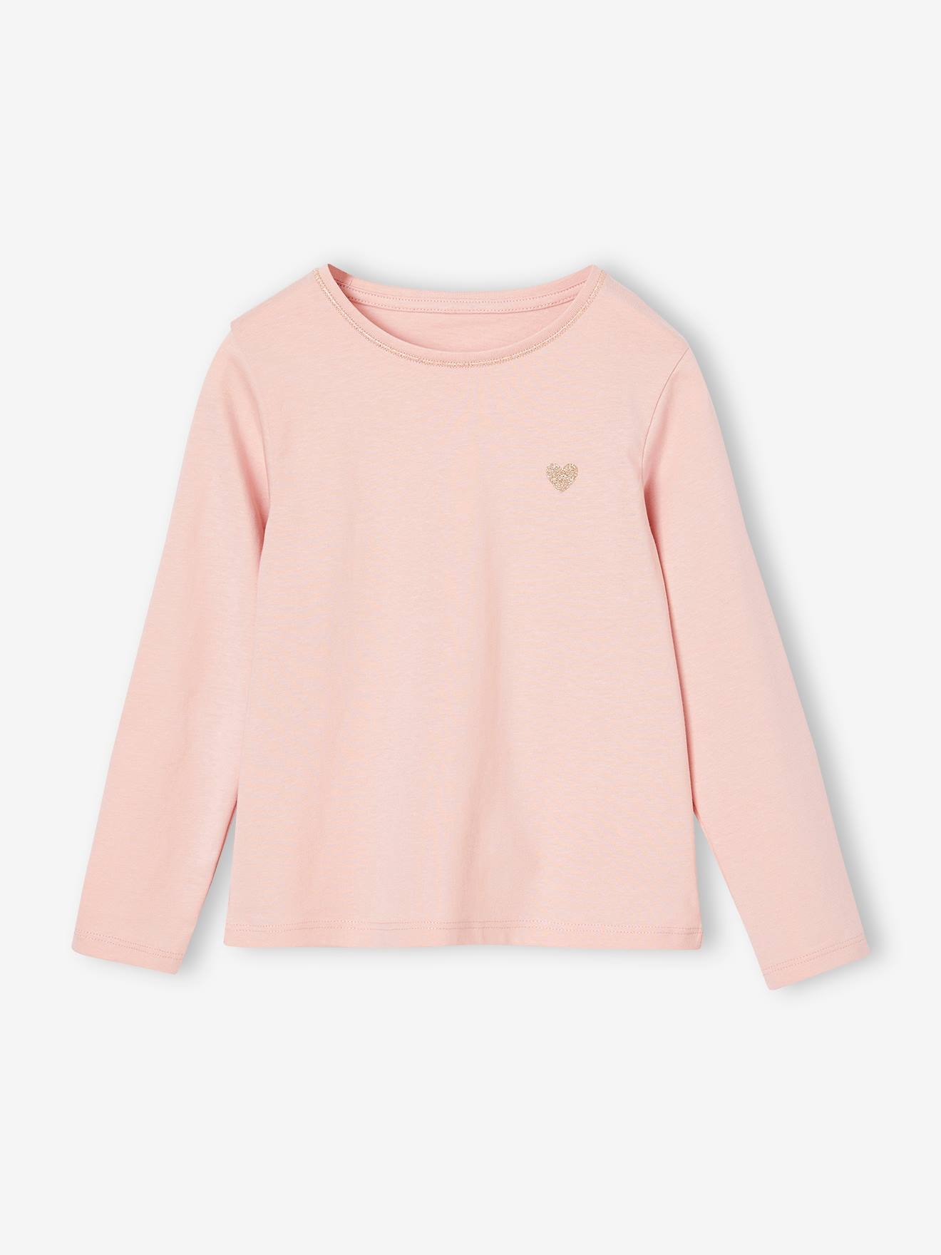 T-shirt Basics met hartjes en pailletten en lange mouwen roze (poederkleur) afbeelding
