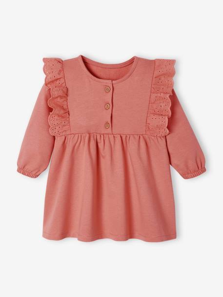 Fleece jurkje voor baby's met ruches van Engels borduurwerk grijsblauw+rozen - vertbaudet enfant 