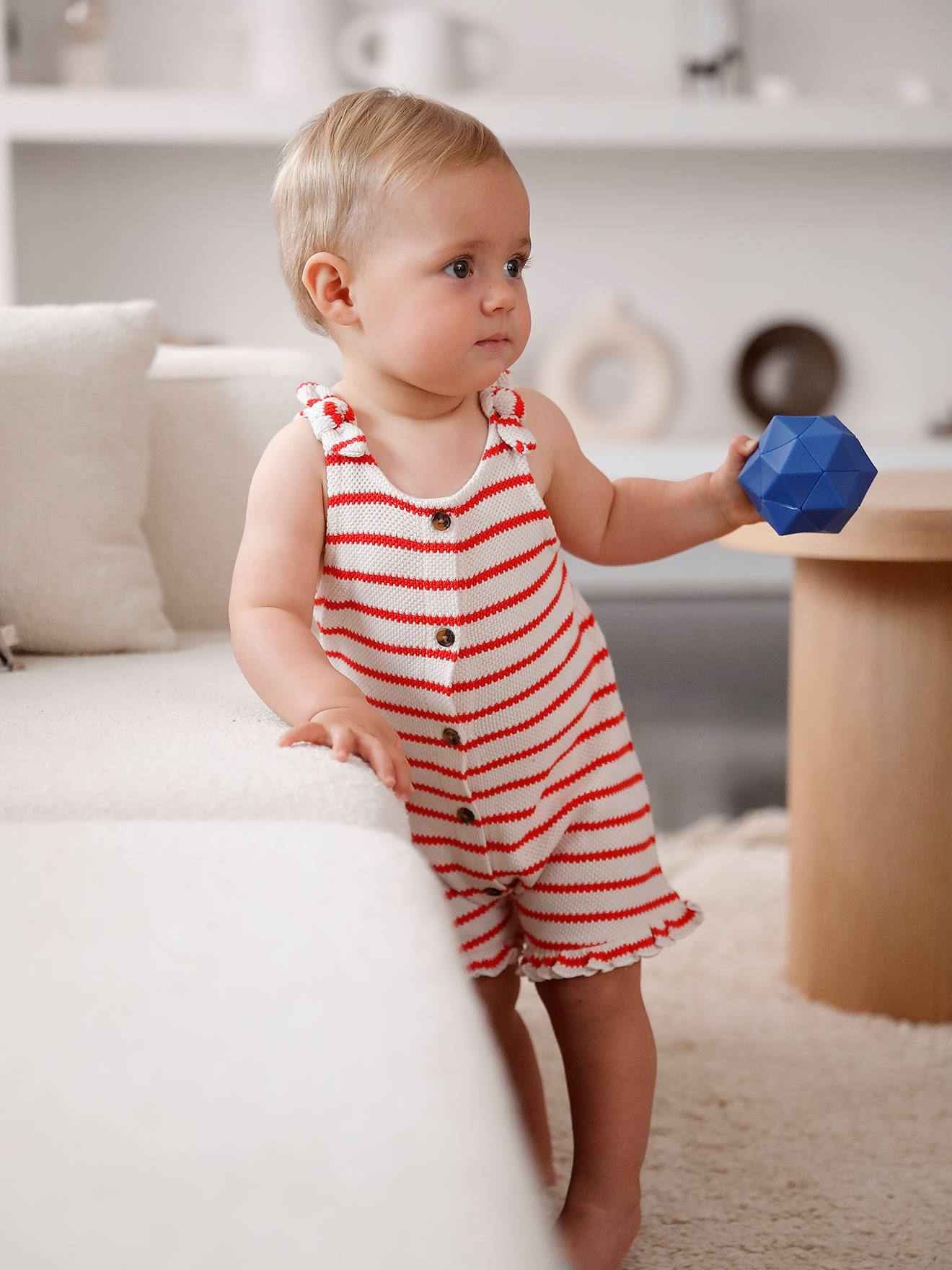 Combishort voor baby's van jersey met gebreid effect rood, gestreept