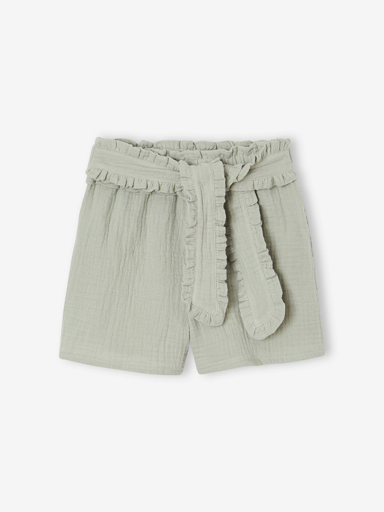 Meisjeshort van katoengaas met sierceintuur saliegroen