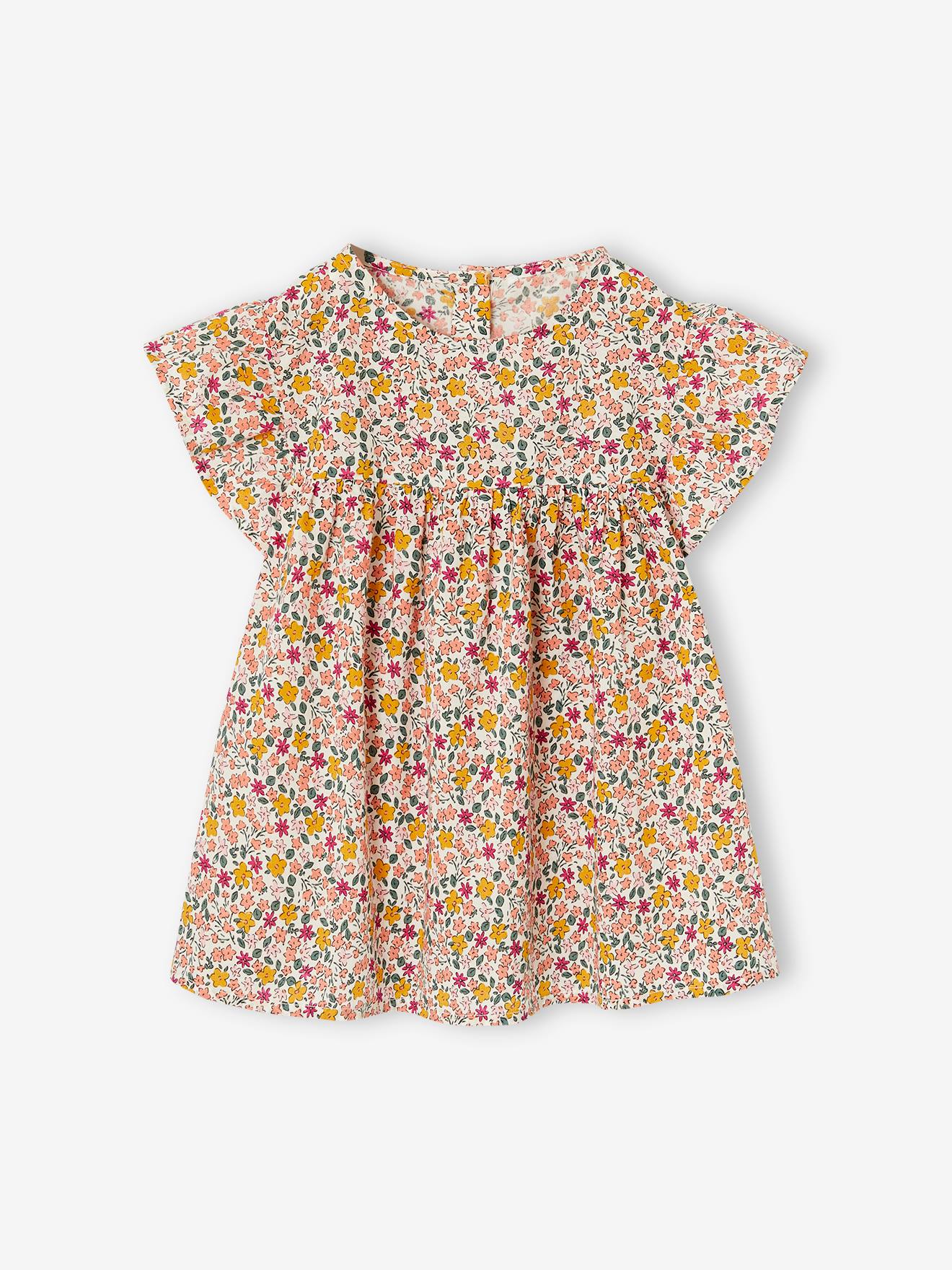 Gebloemde meisjesblouse met korte mouwen en ruches ecru