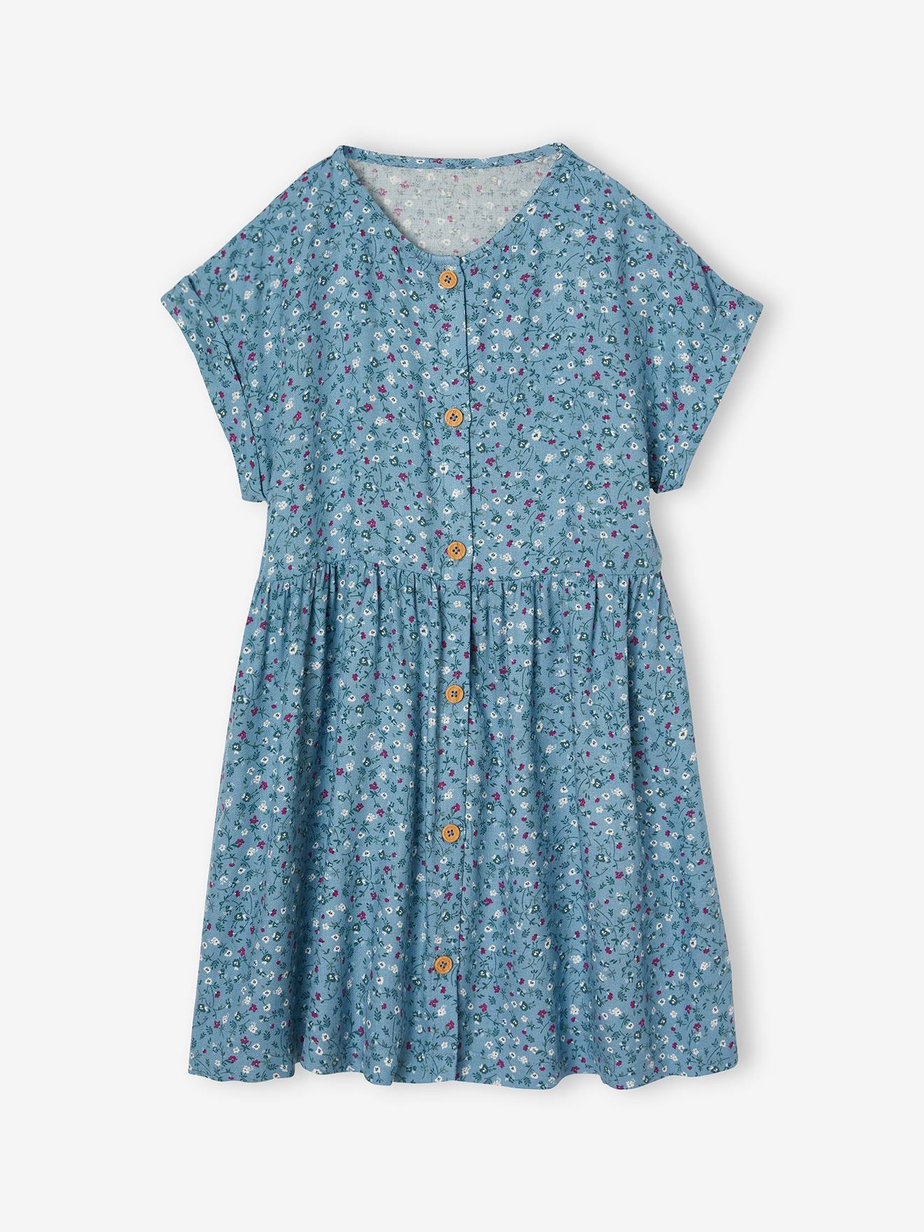Geknoopte meisjesjurk met bloemen hemelsblauw