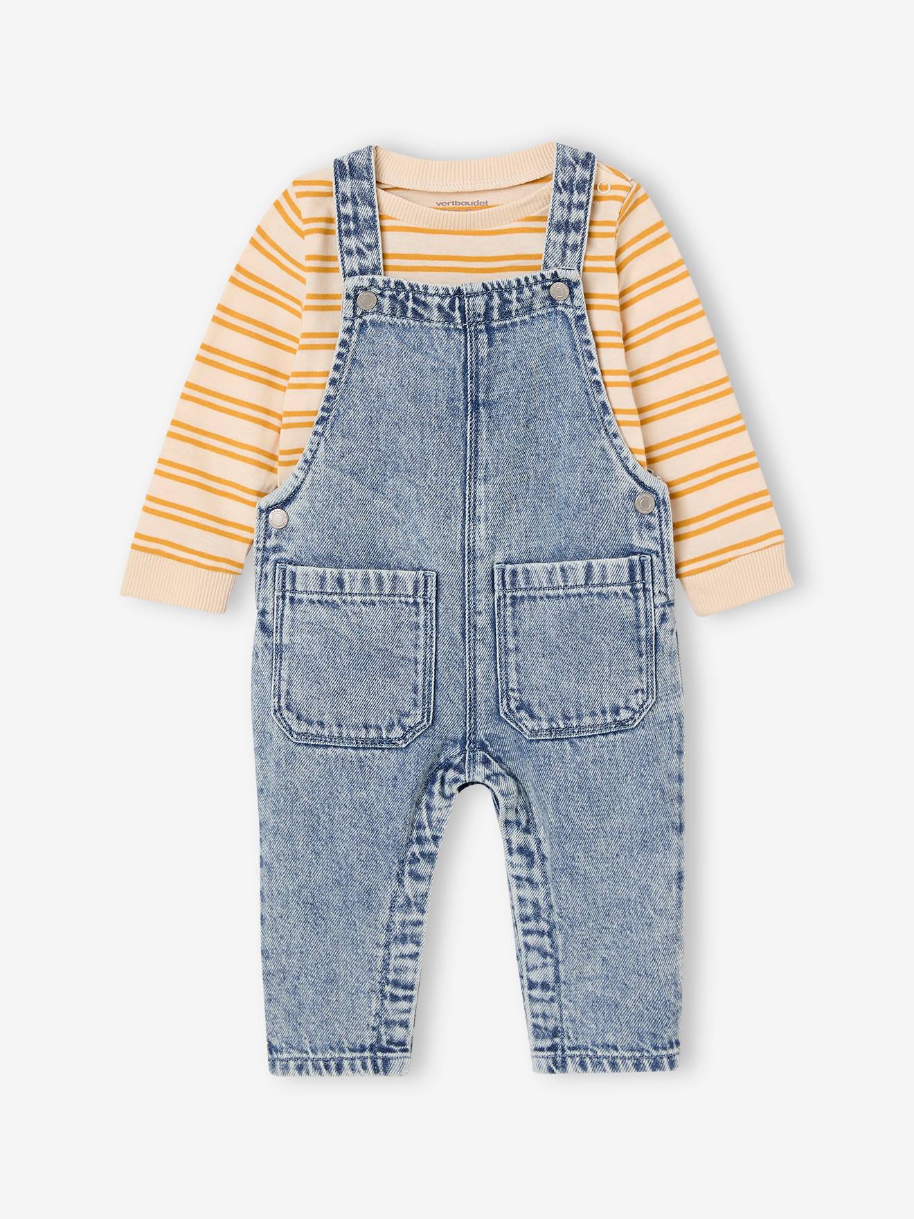 Babyset gestreept T-shirt en jeans tuinbroek double stone