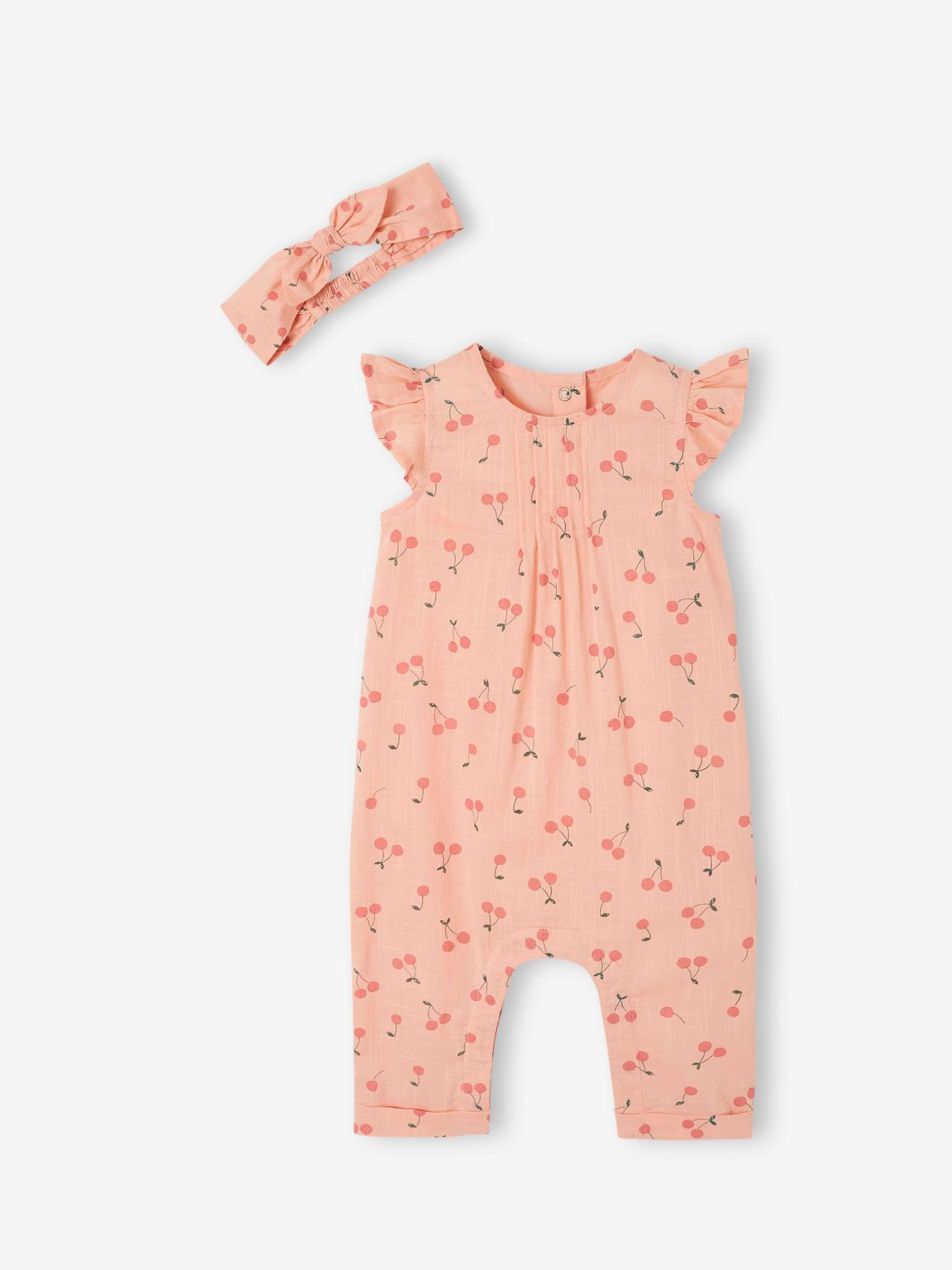 Bedrukt setje pakje + hoofdband baby meisje lichtroze