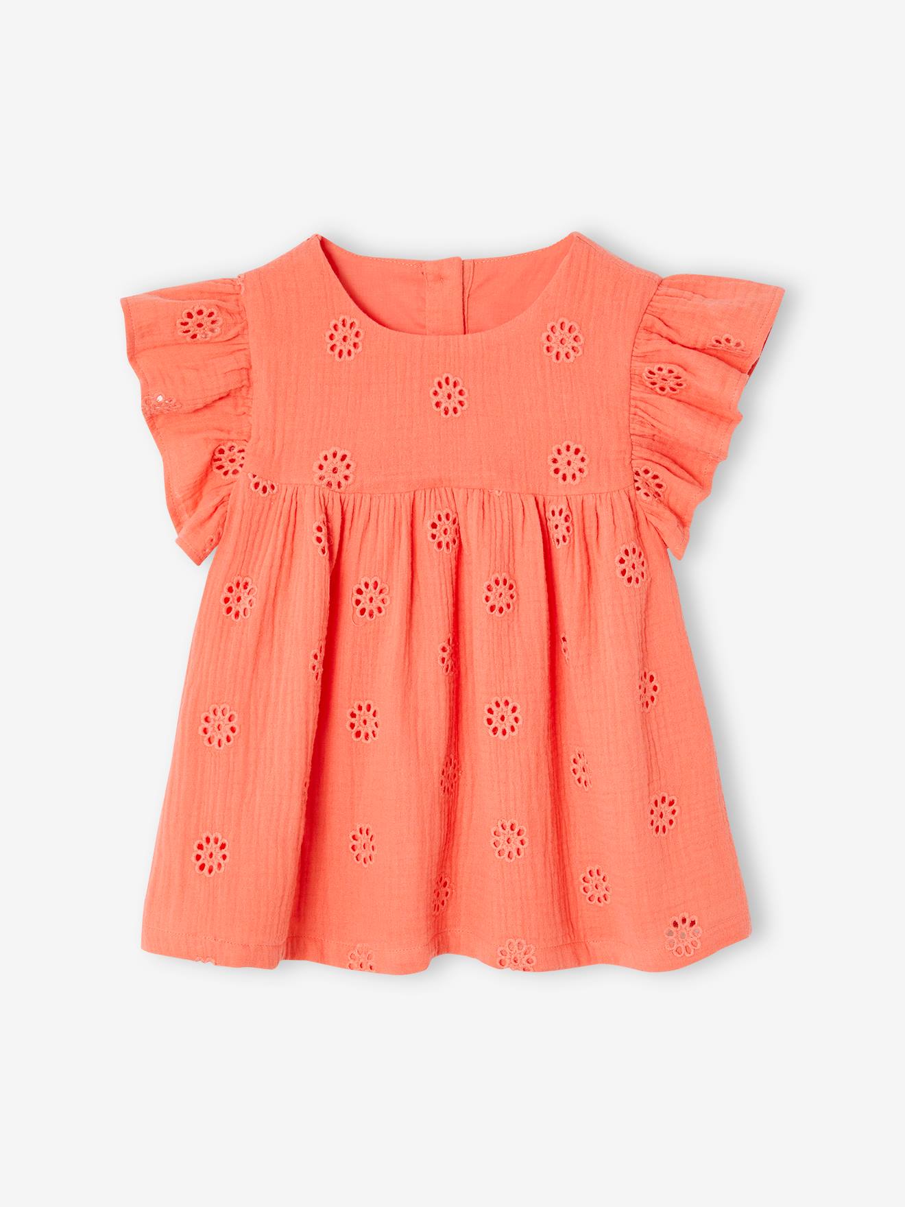 Geborduurde blouse van katoenen gaas voor meisjes koraal