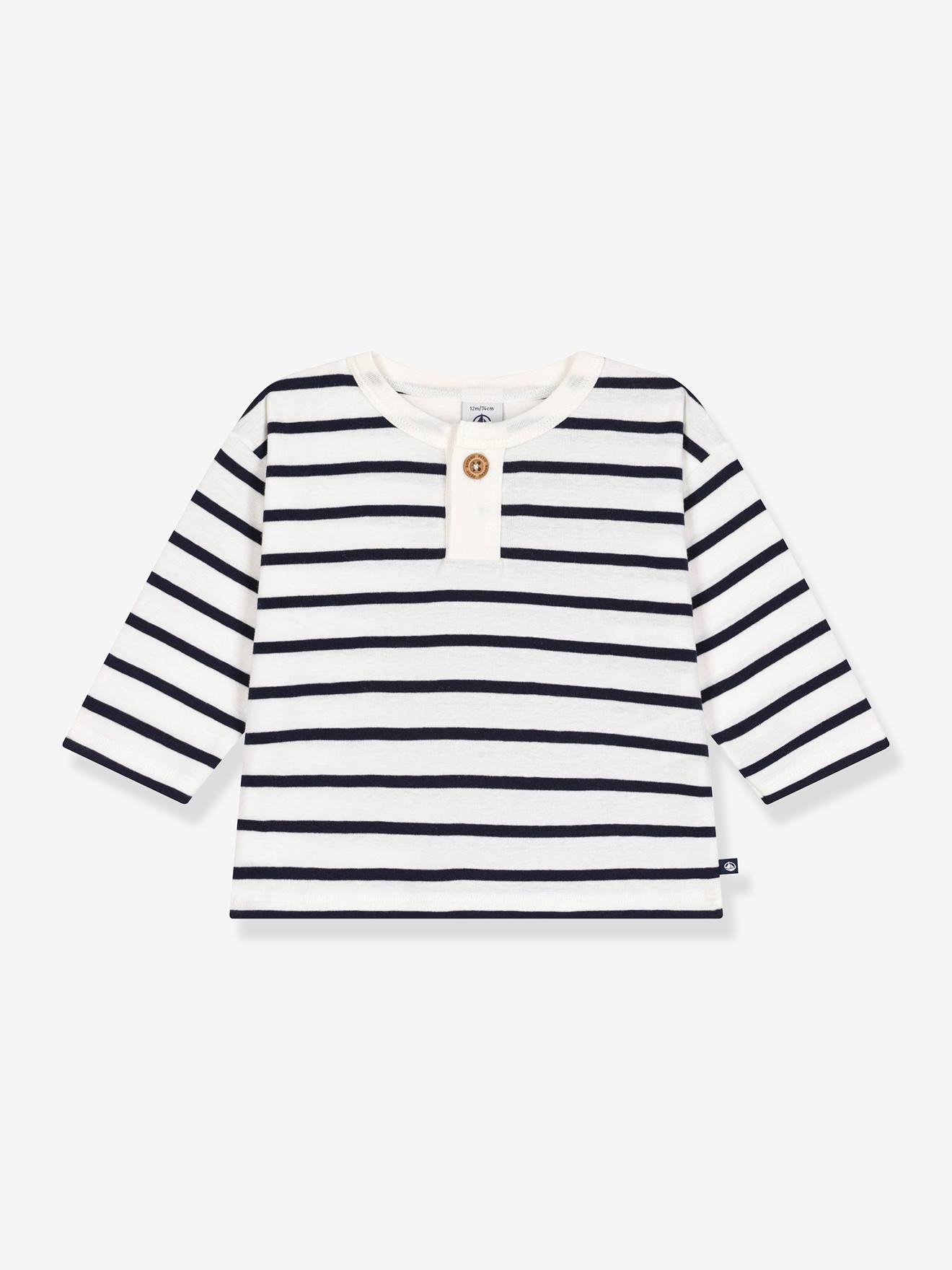 Gestreept longsleeveshirt voor baby PETIT BATEAU marineblauw afbeelding