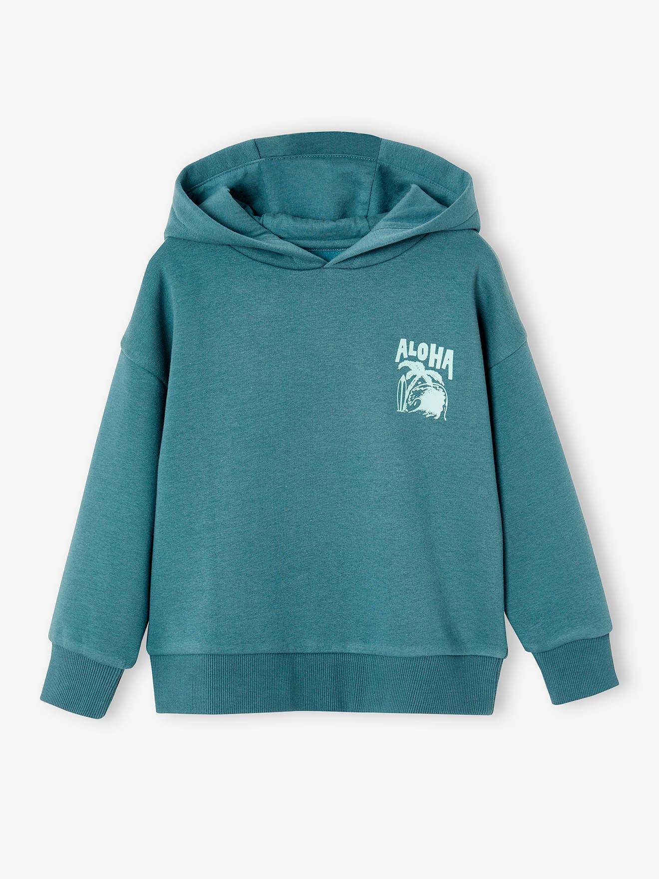 Sweater met capuchon en motief op de borst Basics jongens petrolblauw afbeelding
