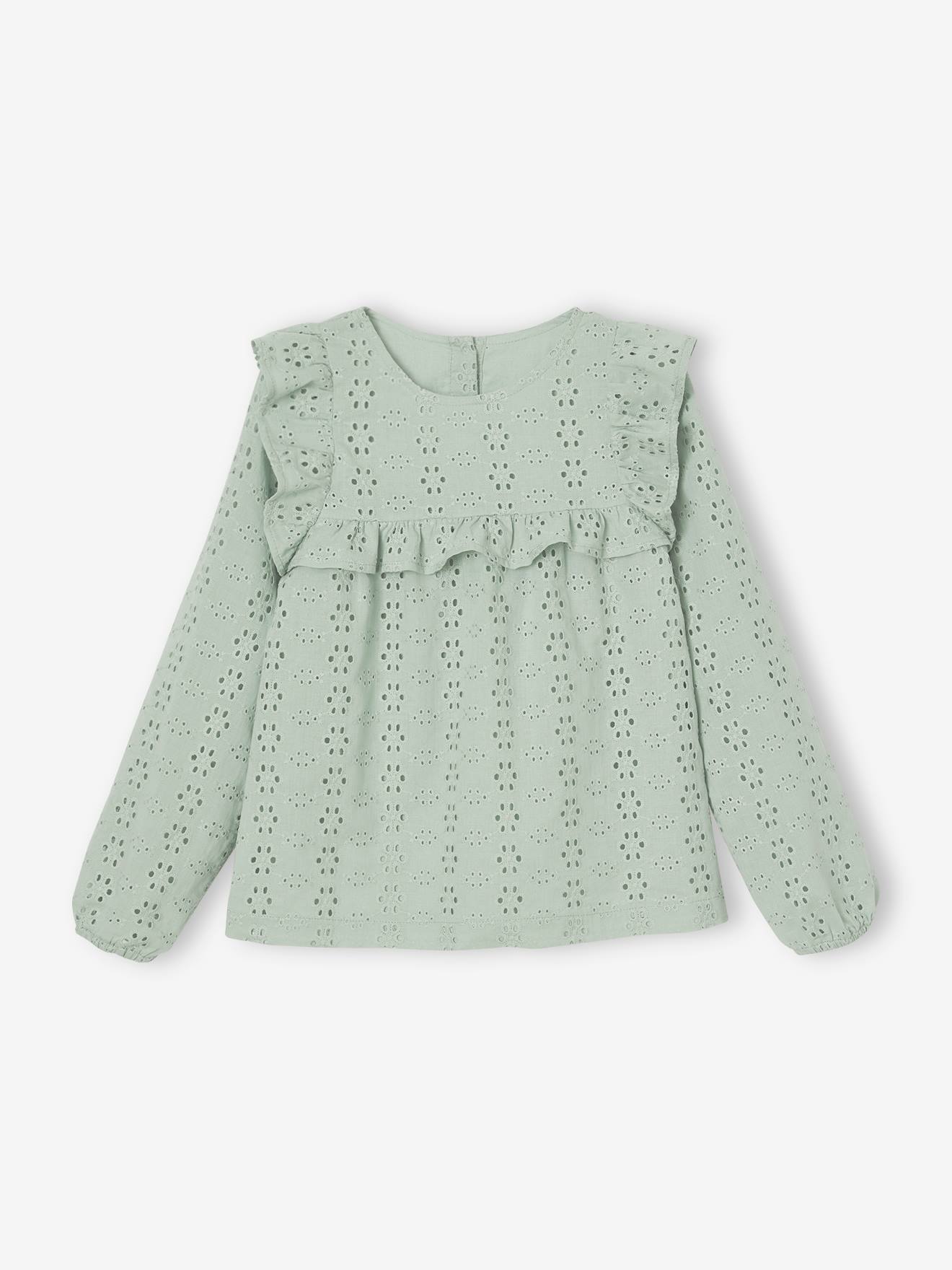 Blouse met ruches van Engels borduurwerk meisje saliegroen