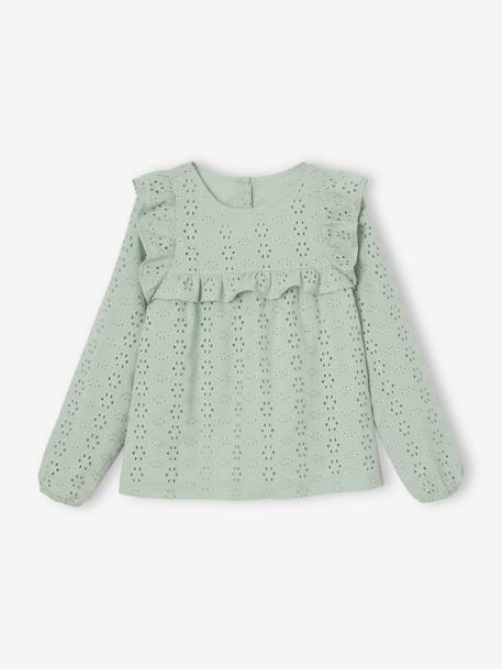 Blouse met ruches van Engels borduurwerk meisje hemelsblauw+saliegroen - vertbaudet enfant 