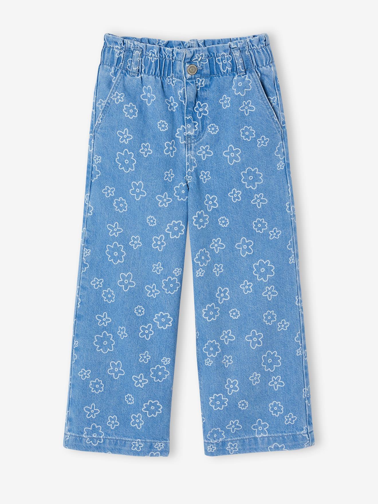 Wijde jeans in paperbagstijl met bloemmotieven voor meisjes middenblauw