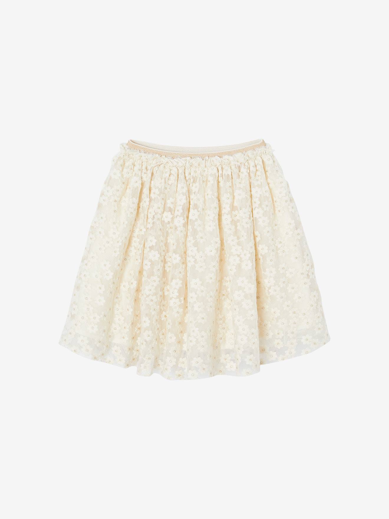 Broderiejurk met iriserende bloemen vanille