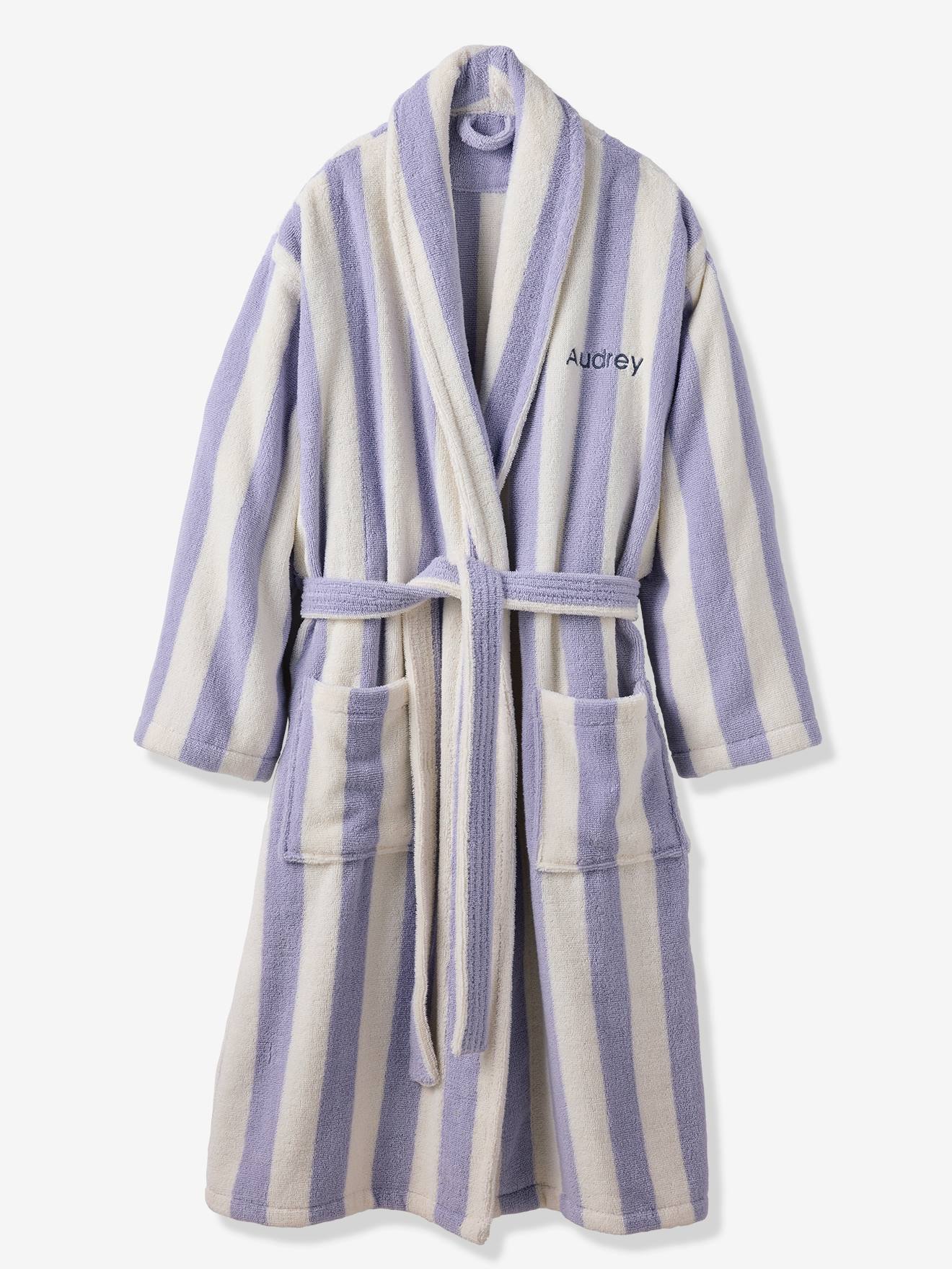 Gestreepte badjas voor volwassenen TRANSAT familie-capsulecollectie, personaliseerbaar, met gerecycled katoen paars, gestreept
