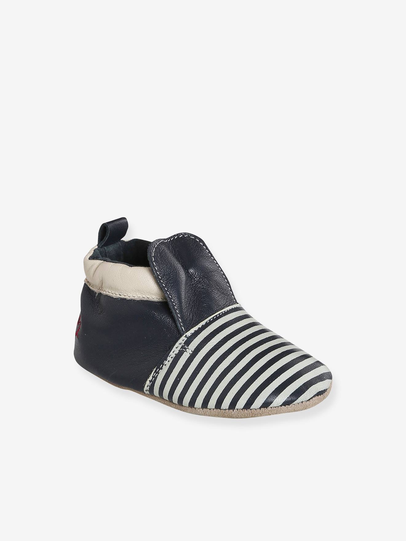 Tweekleurige elastische babyschoentjes van zacht leer blauw, gestreept