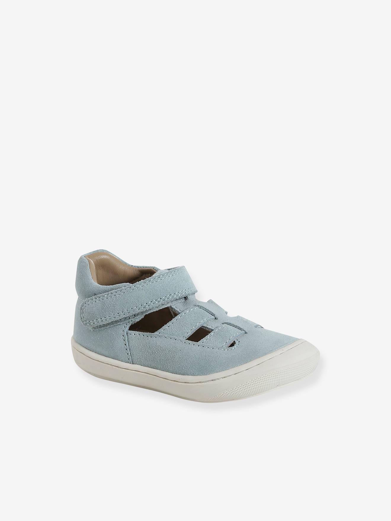 Babysandalen met klittenbandsluiting van leer voor de eerste stapjes saliegroen